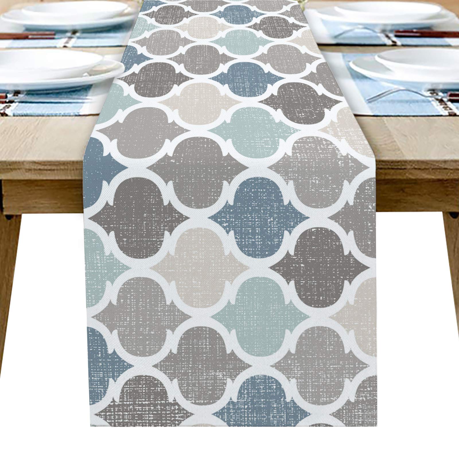 Farmhouse Style Burlap Table Runner 13x90 Inches - Geometric Vintage Moroccan Pattern Kitchen Tablecloth for Dining, Wedding, Party & Holiday Decor - Perfect for Rustic Home, Farmhouse Decor and Special Occasions