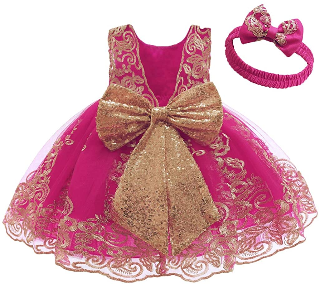 0-6T Big Bowknot Sequins Toddler Baby Girls Embroidered Lace Party Dresses with Headwear - Perfect for Birthday, Christmas, Photo Shoots & Special Occasions