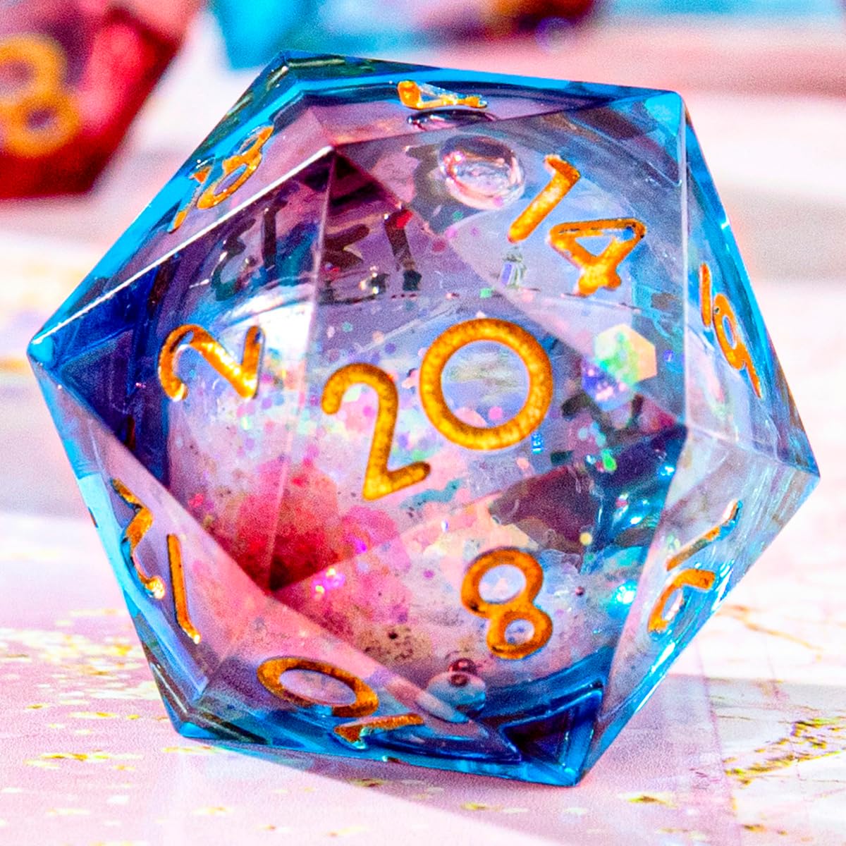 YEMEKO 22mm Single Liquid Core D20 Dice - 20 Sided Polyhedral Dice for Dungeons & Dragons, RPG, MTG, Tabletop Roleplaying Games | Handmade Resin Sharp Edge Dice (Liquid Blue/Red) | Perfect for D&D Campaigns, Gift Giving & Game Nights