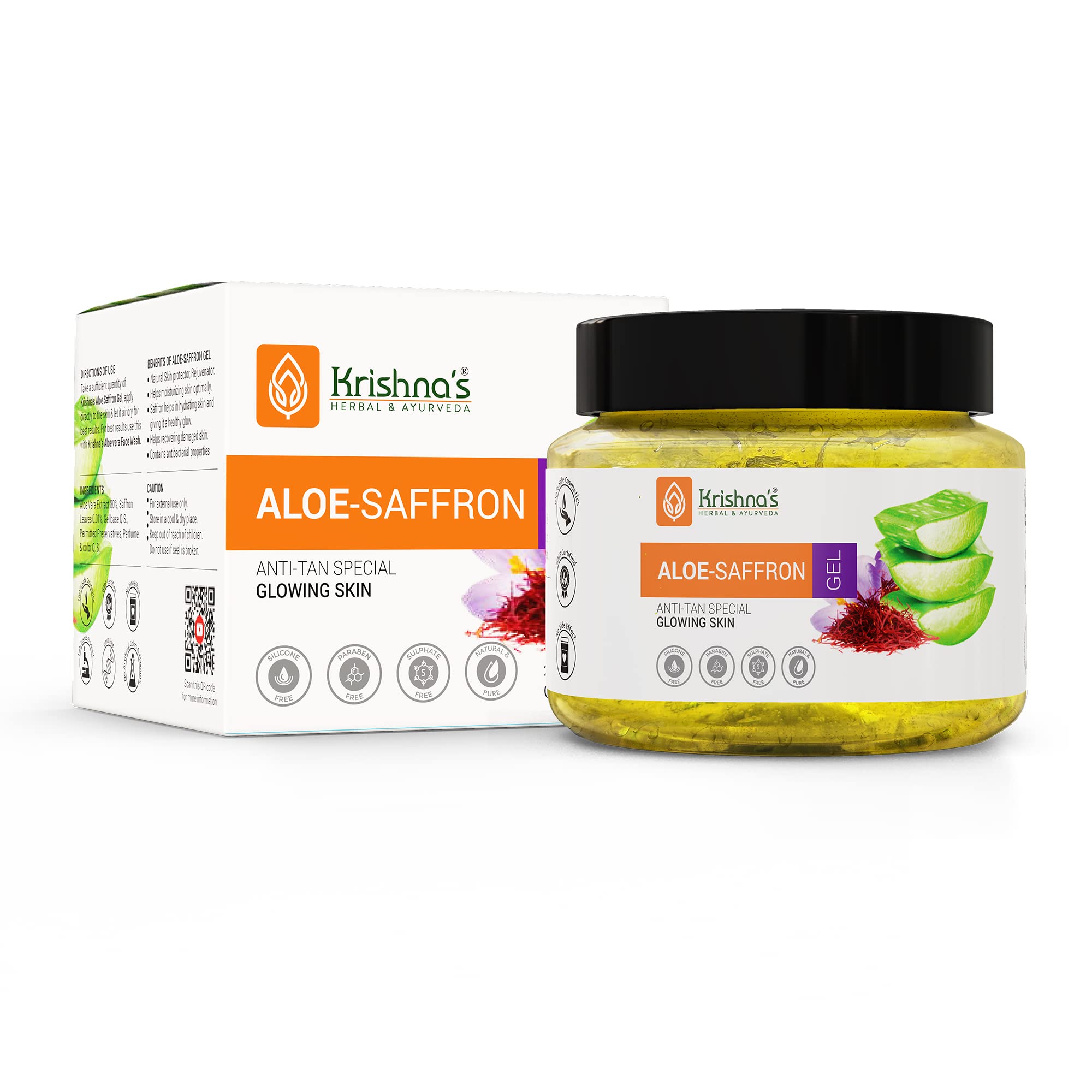 KRISHNA'S HERBAL & AYURVEDA Aloe Vera Gel with Saffron for Acne, Scars & Glowing Skin | Kesar Aloe Vera Face Gel for Hydration & Radiance | Best Natural Aloe Vera Gel for Face Care | 250g | Perfect for Daily Skincare & Sunburn Relief