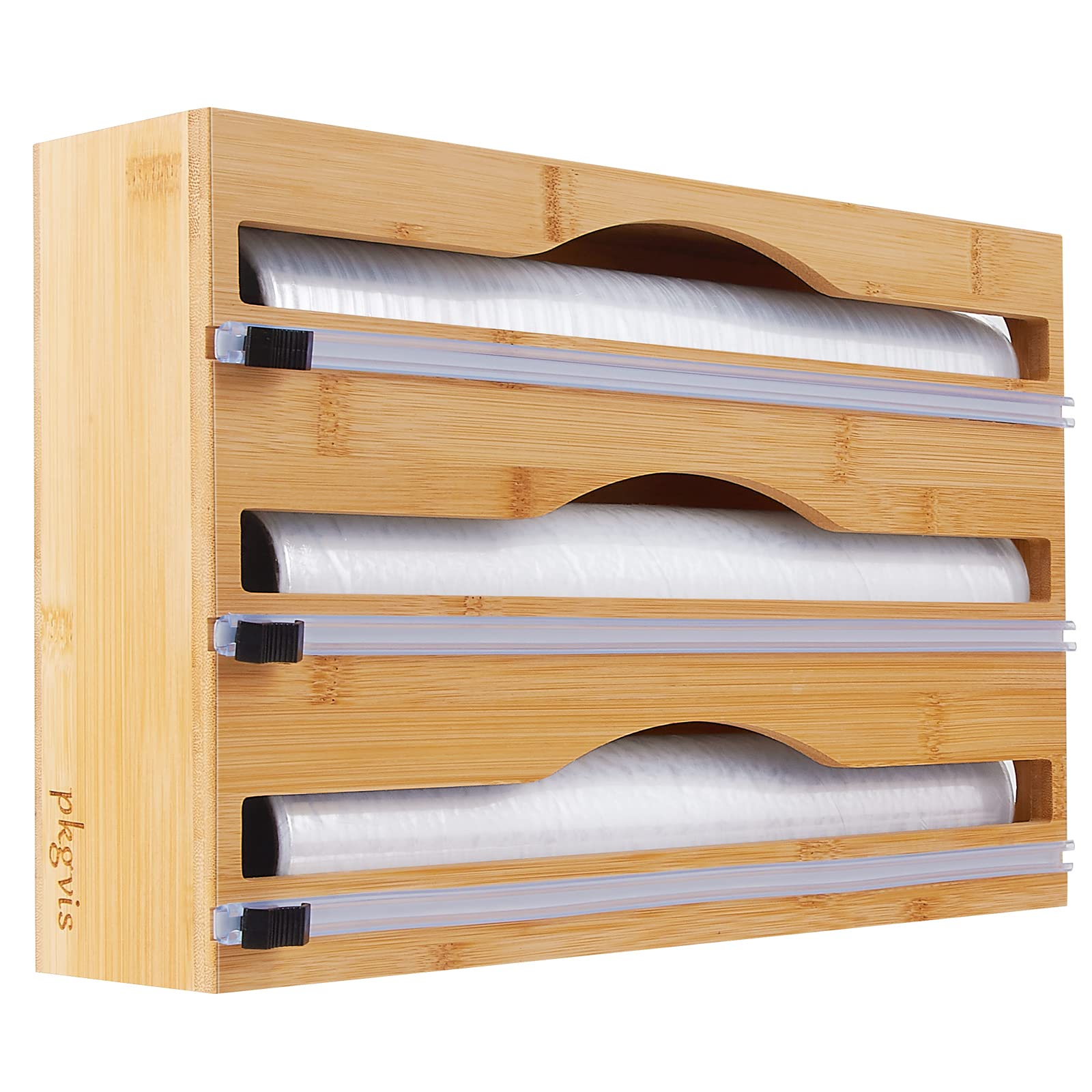 3-in-1 Bamboo Wrap Dispenser with Built-in Cutter & Labels - Organizer for Plastic Wrap, Aluminum Foil & Wax Paper Rolls - Fits 12