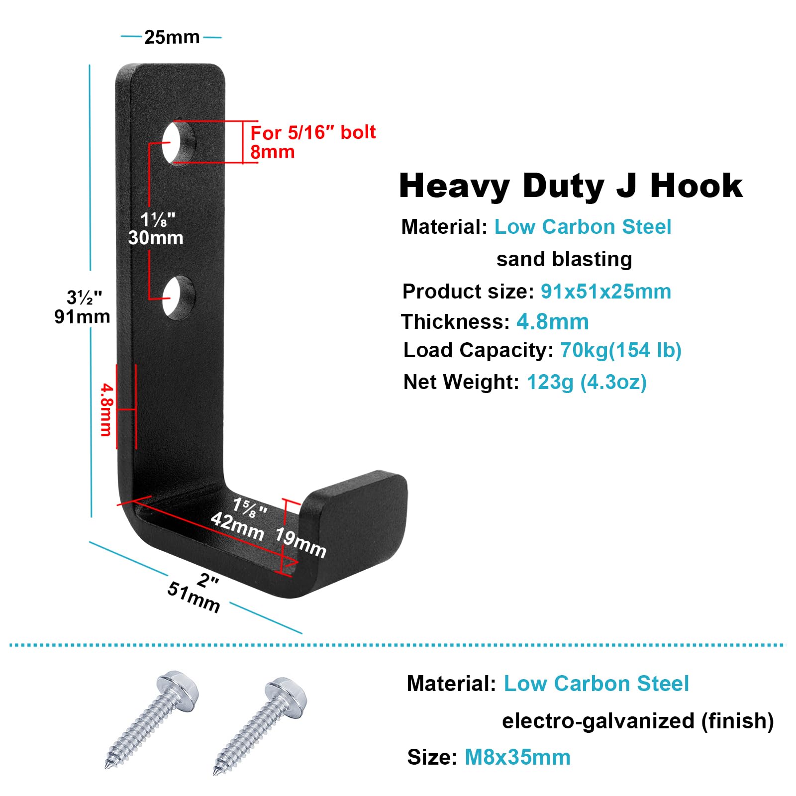4-Pack Heavy Duty Steel J Hooks for Wall Mount - Home Gym & Garage Storage