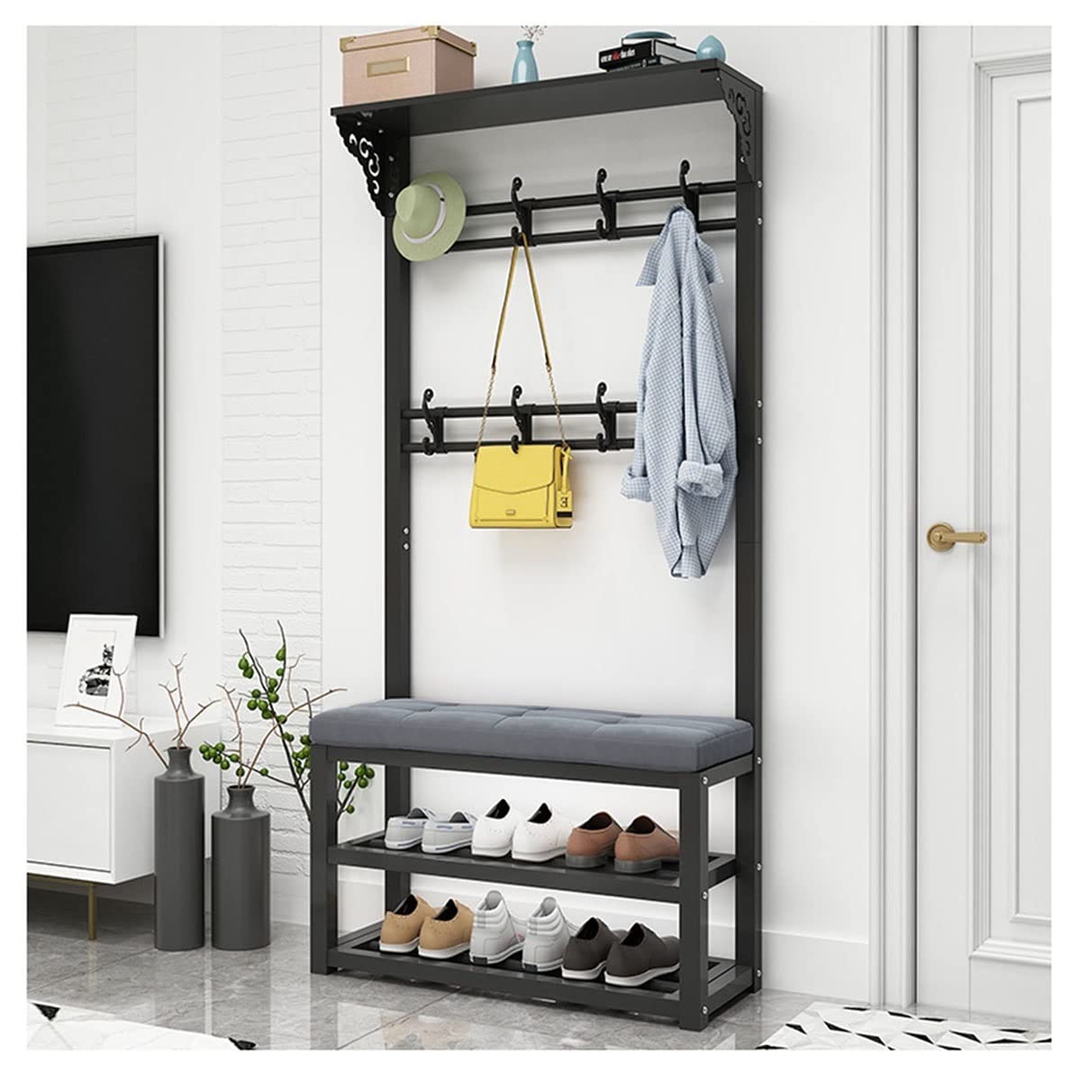 LLLD 3-in-1 Coat Rack Shoe Bench Hall Tree Entryway Organizer - 2-Tier Storage Bench with 2 Rows Hooks for Shoes, Coats & Accessories | Perfect for Bedroom, Hallway & Living Room Entry Storage