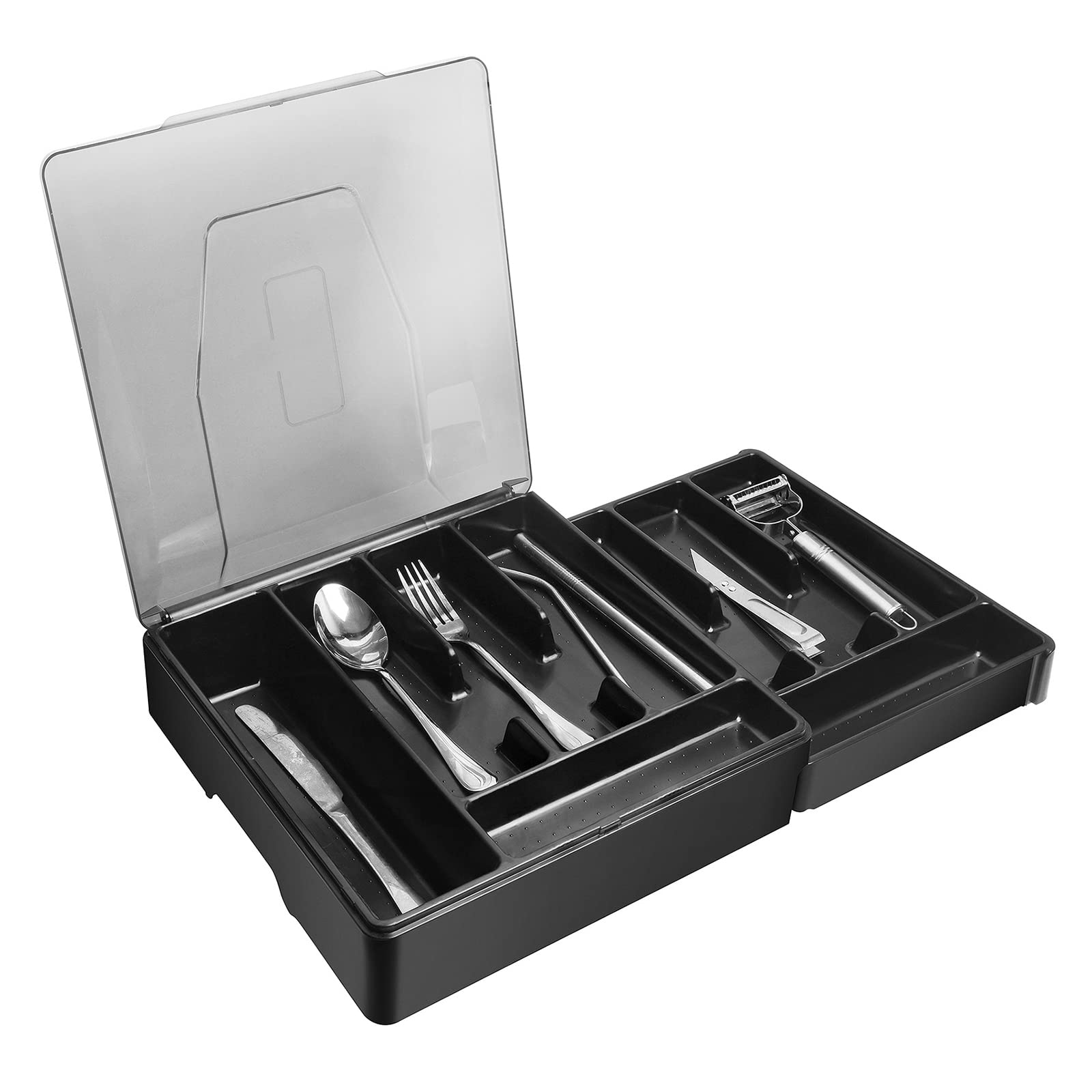 Double Layer Utensil Holder for Countertop - Plastic Silverware Tray with Lid, 2-Tier Cutlery Organizer with 9 Compartments - Perfect for Kitchen, Dining Room & Camping Storage