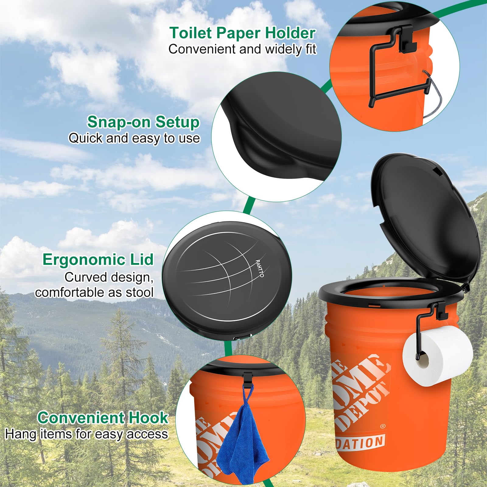 Portable Toilet Seat for 5 Gallon Buckets - Snap-On Camping Toilet Seat with Lid for Adults - Includes Storage Bags & Disposable Waste Bags - Perfect for Camping, Hiking, Emergency, Car, Boat & Outdoor Adventures