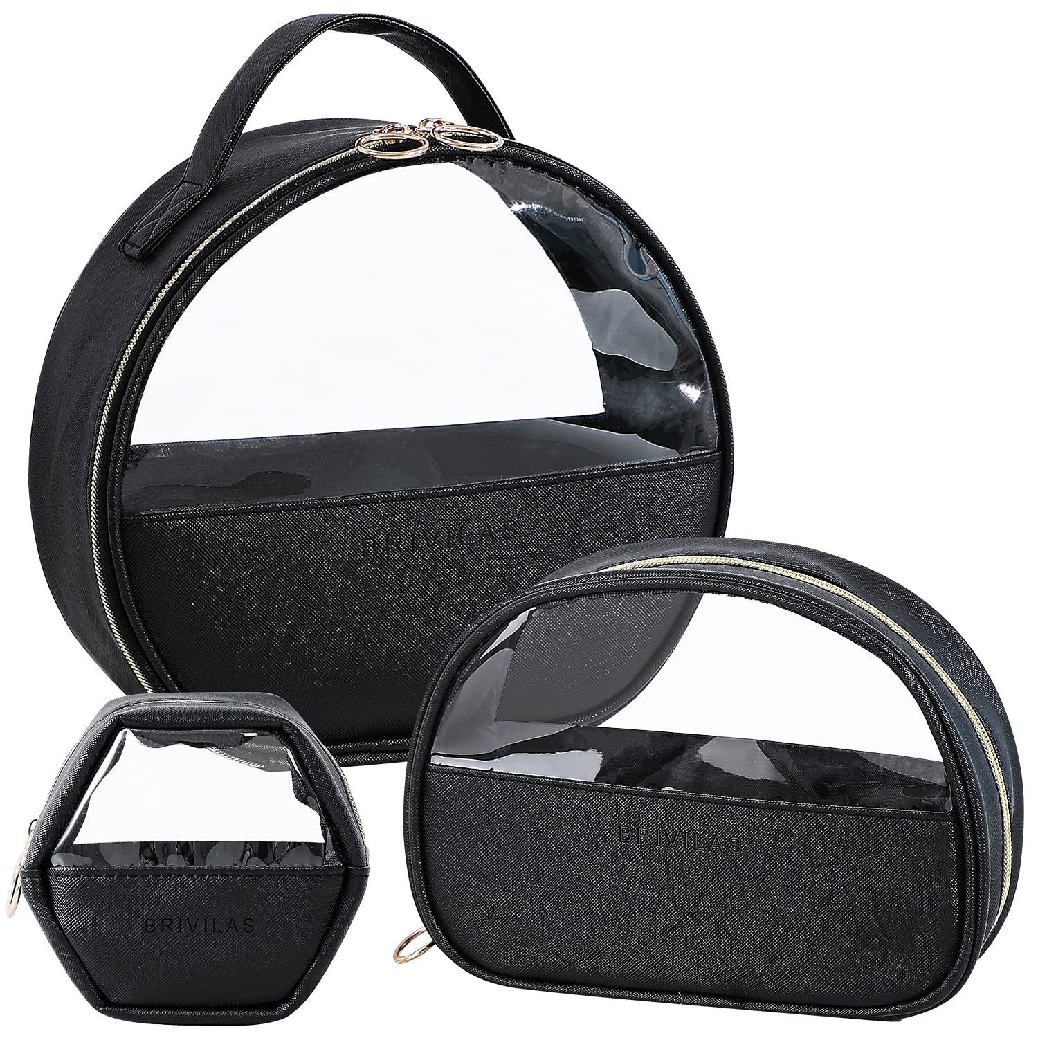 3-Piece Travel Makeup Bag Set for Women - Waterproof Cosmetic Organizer with Transparent Toiletry Pouch - Perfect for Air Travel, Gym, Beach & Daily Use (Black)