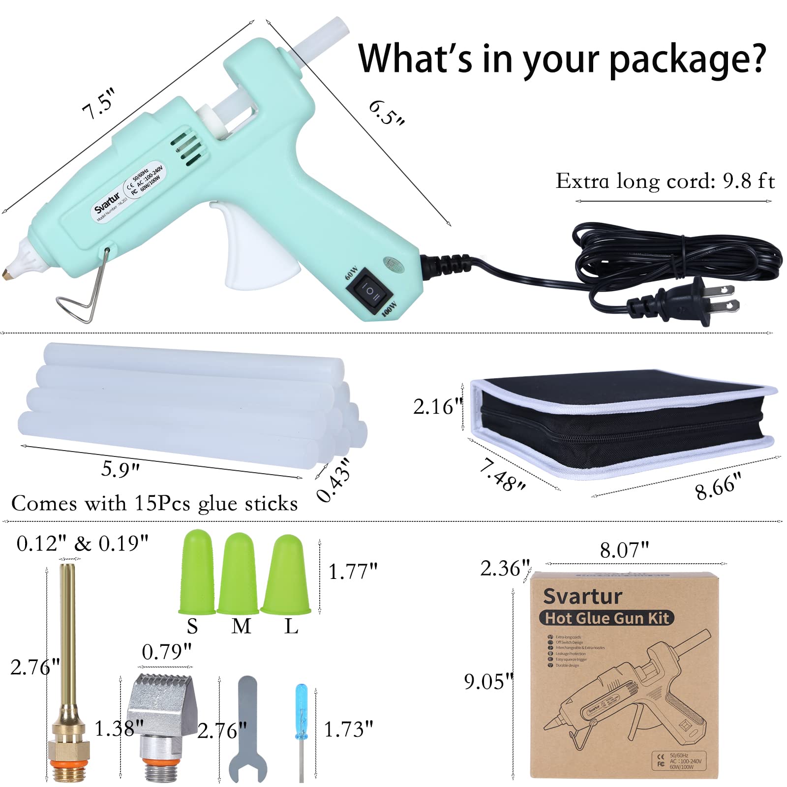 60W/100W Dual Power Full Size Hot Glue Gun Kit with 2 Nozzles & 15 Glue Sticks - Industrial Strength High Temp Glue Gun with 9.8ft Extra-Long Power Cord & Case - Perfect for DIY Crafts, Home Repairs, Woodworking & School Projects (Green)