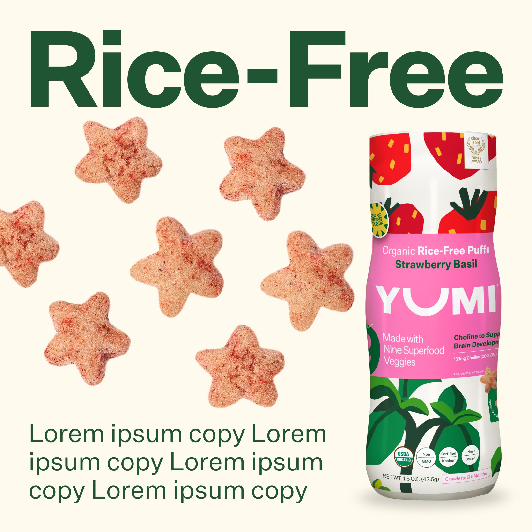 Organic Rice-Free Baby Puffs - Healthy No Sugar Added, Gluten-Free, Non-GMO Snacks for Toddlers | School Safe for Daycare & Lunchboxes | Strawberry Basil Flavor (6 Pack) - Perfect Teething Relief & On-the-Go Snack for Babies 12+ Months