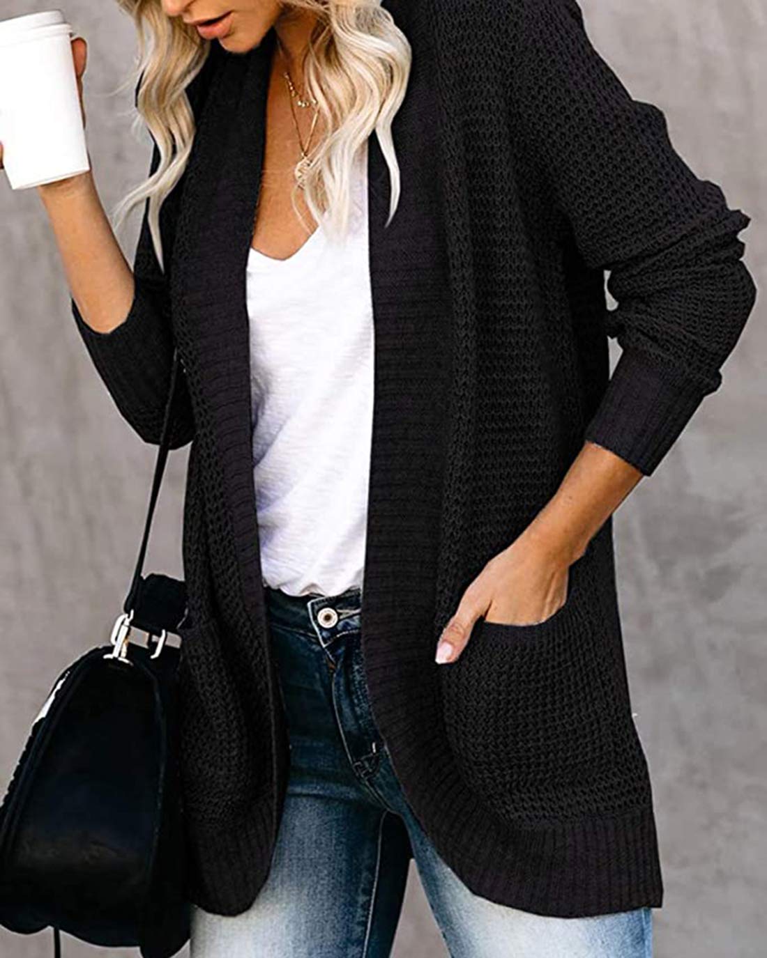 Moonetto Women's Long Sleeve Open Front Waffle Knit Cardigan - Chunky Knit Draped Sweater with Pockets - Cozy Fall & Winter Layering Piece for Office, Casual Outfits and Loungewear