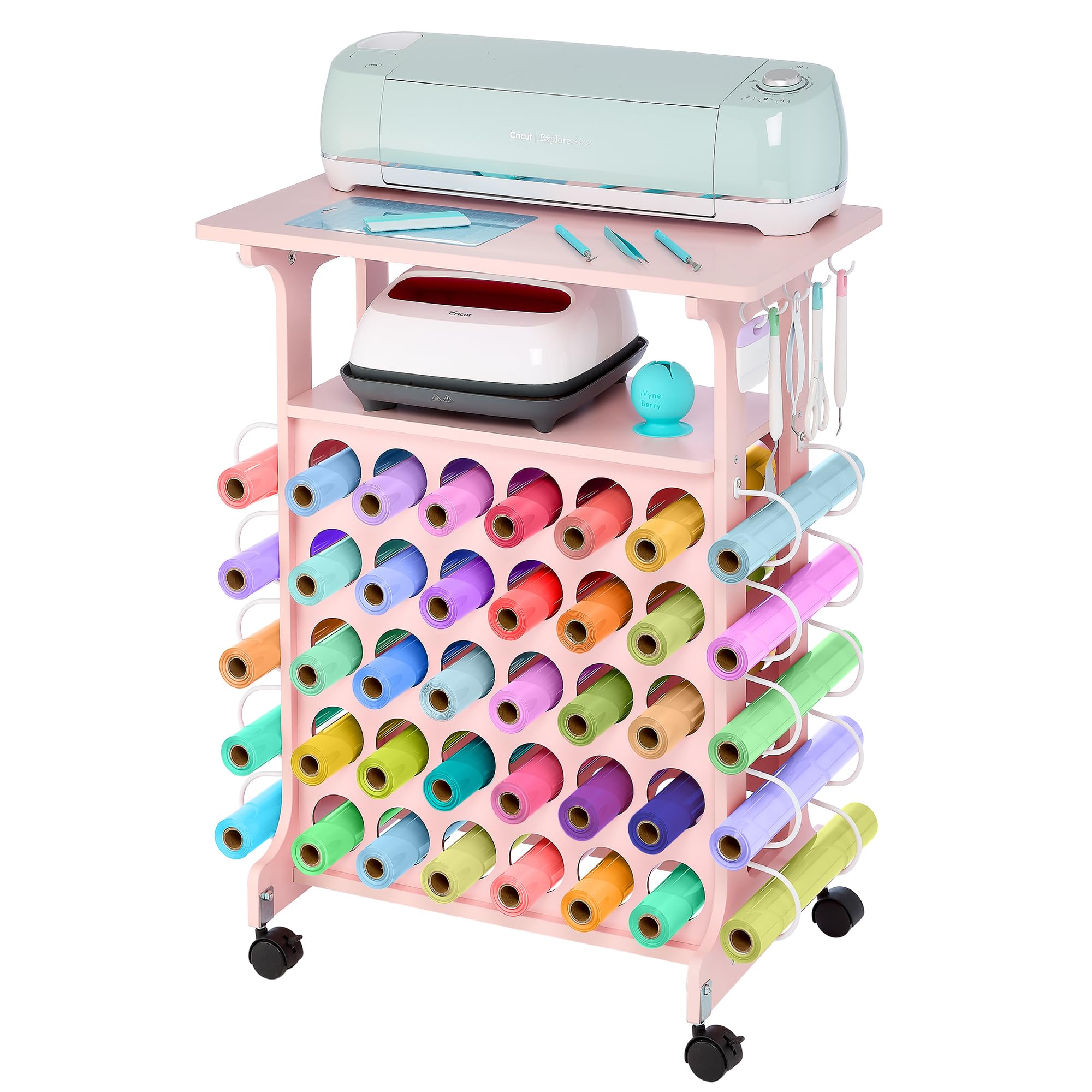 iVyne Vinyl Storage Cart - 40 Vinyl Roll Holders for Cricut Organization, Compact Craft Cart with Wheels & Tool Holders - Compatible with All Cricut Machines - Perfect for Craft Rooms, DIY Projects & Home Decor - Pink