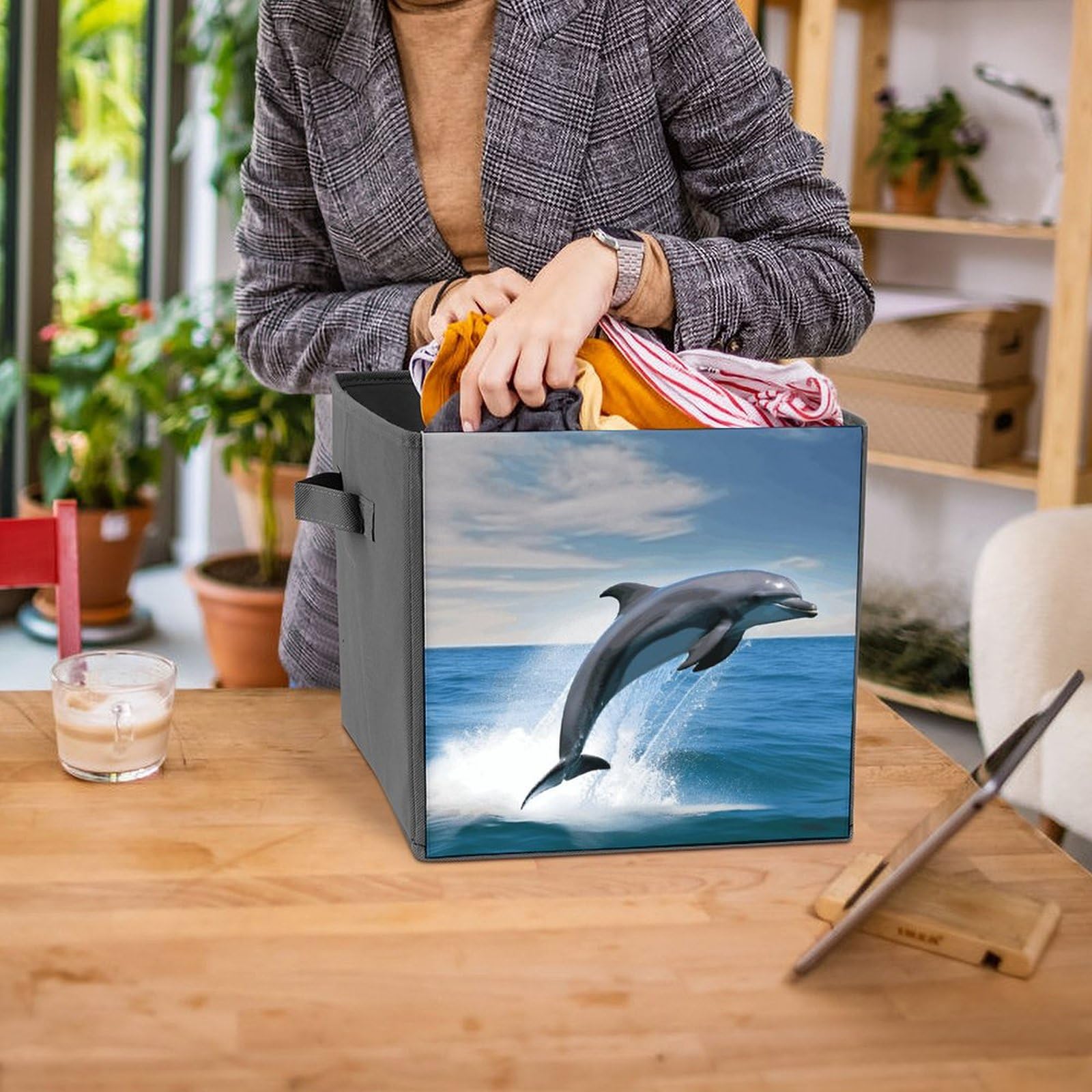 Foldable Canvas Storage Box with Jumping Dolphins Print - Organize Clothes, Toys & Home Items - Perfect for Closet, Nursery & Travel Storage