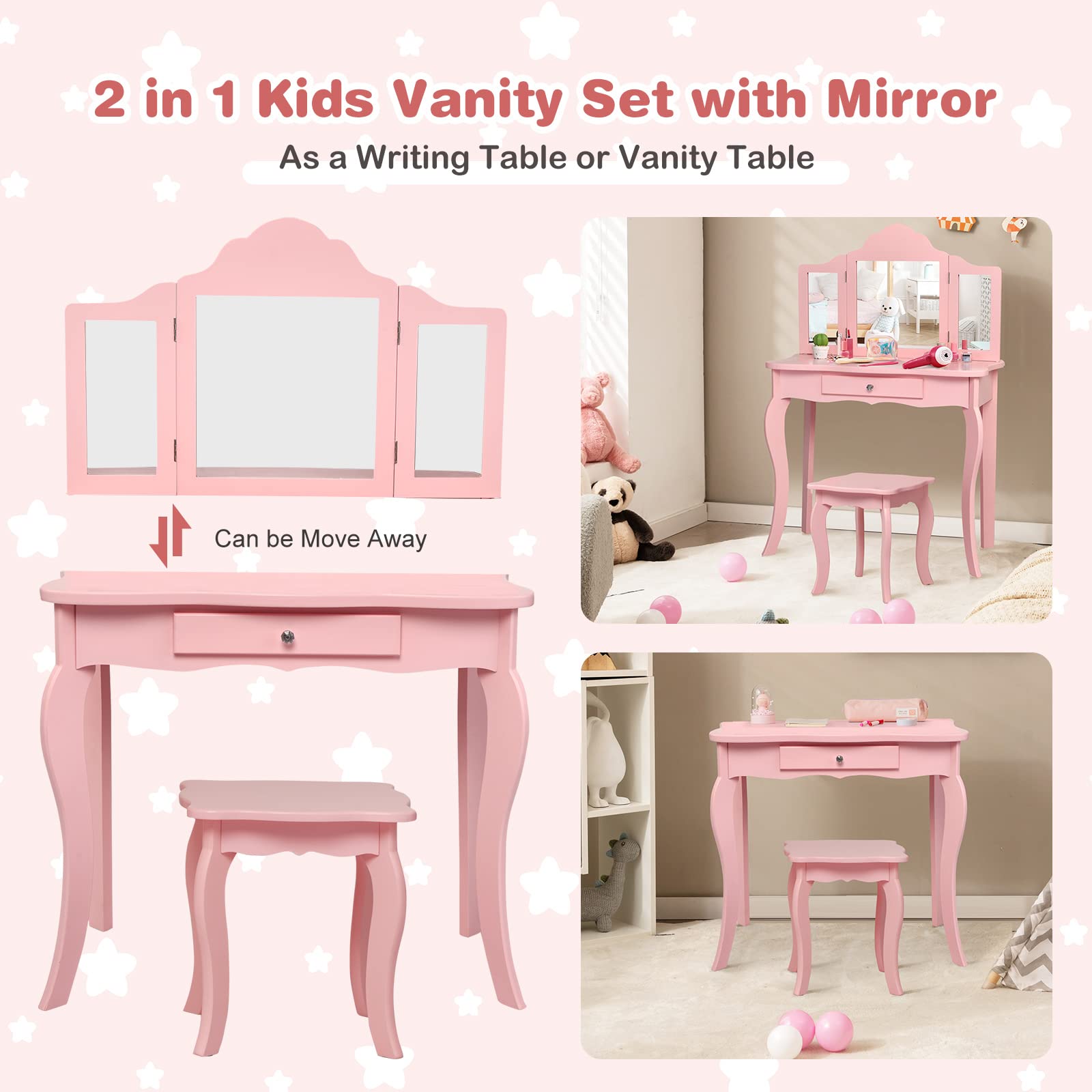 Honey Joy Kids Vanity Set with Mirror & Stool - Wooden Toddler Makeup Table for Girls (Pink) - Perfect for Pretend Play & Room Decor