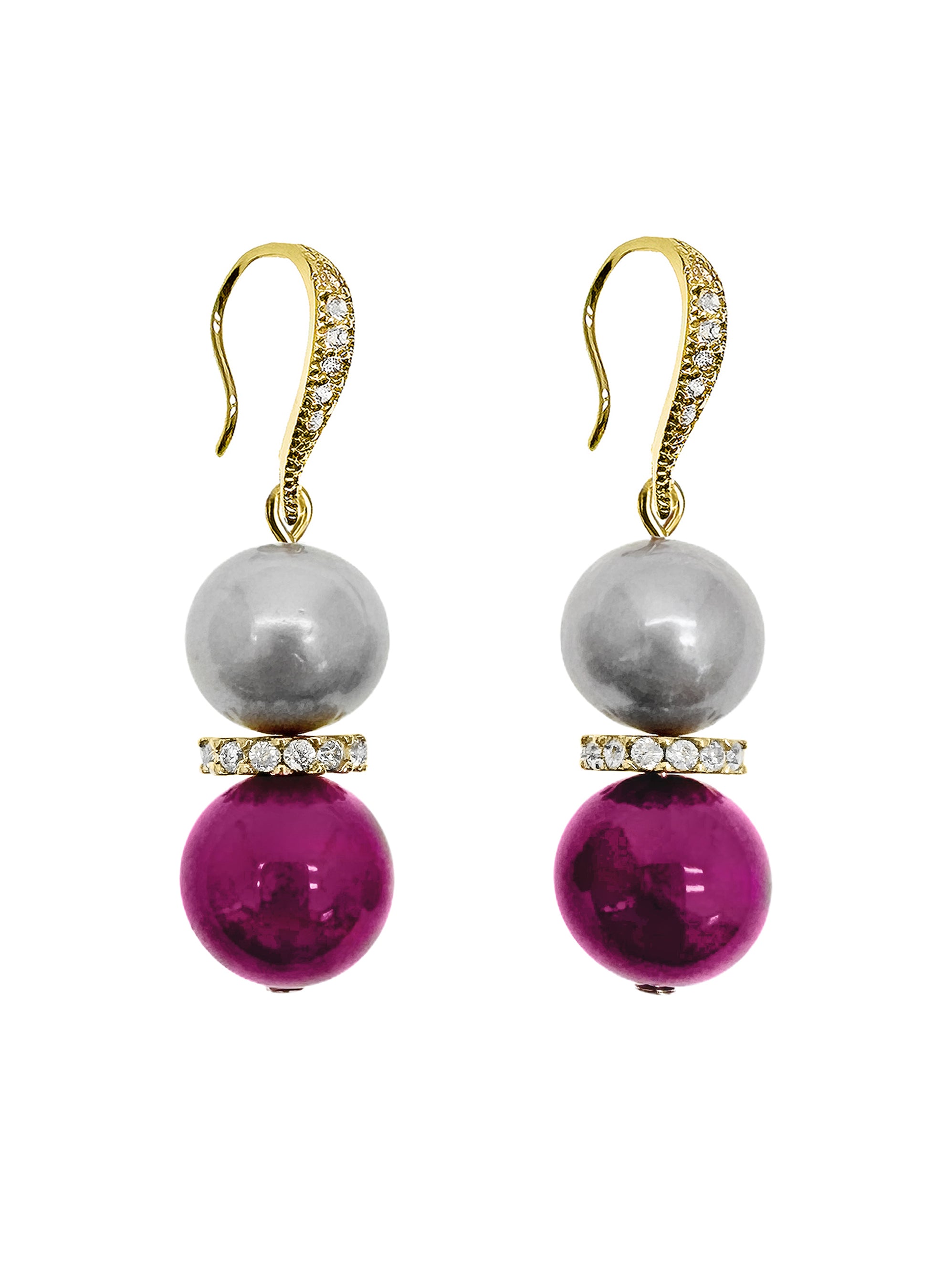Elegant Gray Freshwater Pearl & Magenta Gemstone Stud Earrings LE012 – Perfect for Weddings, Parties & Special Occasions