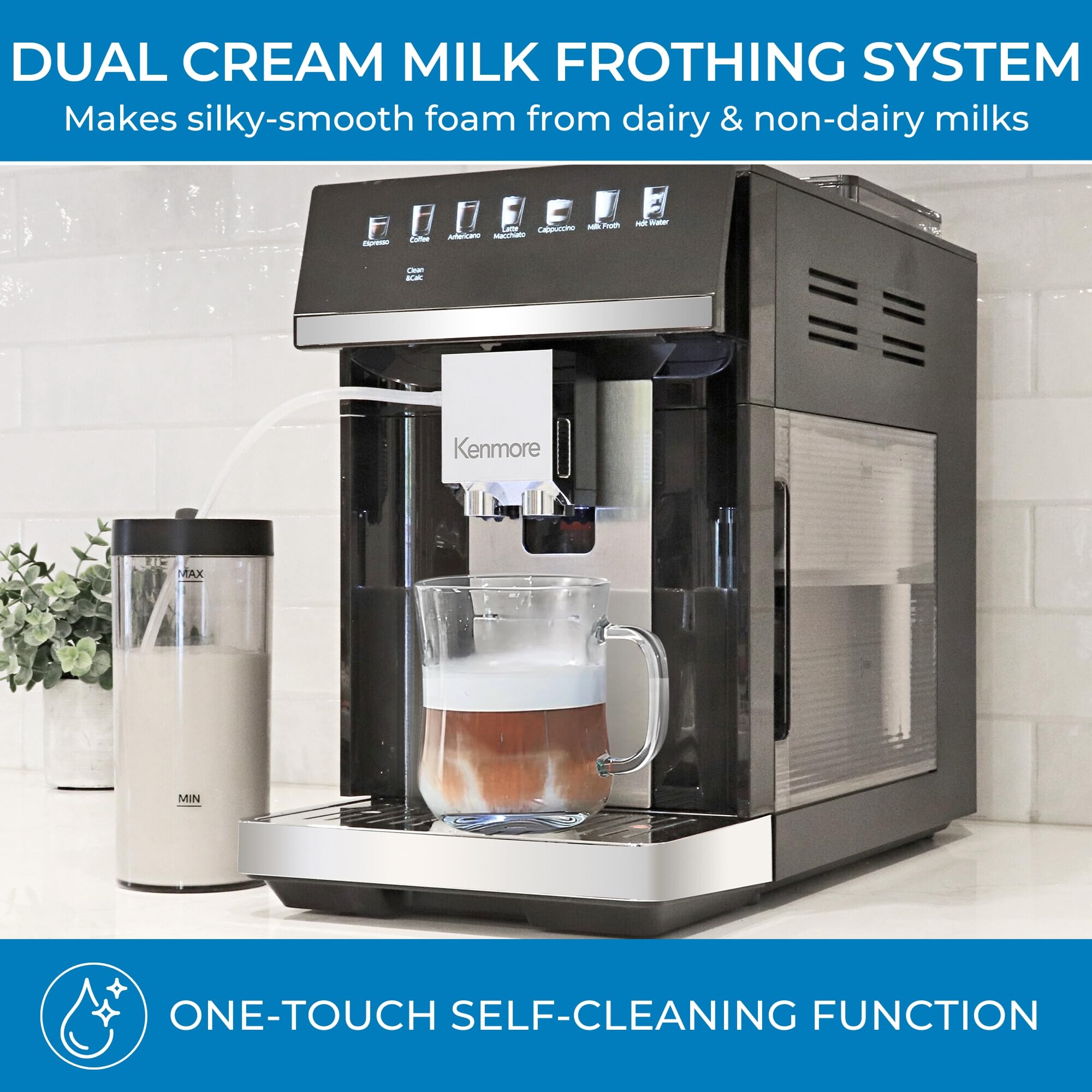 Koolatron Kenmore Espresso Machine - Fully Automatic Coffee Maker with Built-in Grinder, Milk Frother & Auto Tamper | Professional Barista Style for Cappuccino, Latte & Black Coffee | Perfect for Home, Office & Cafe Use