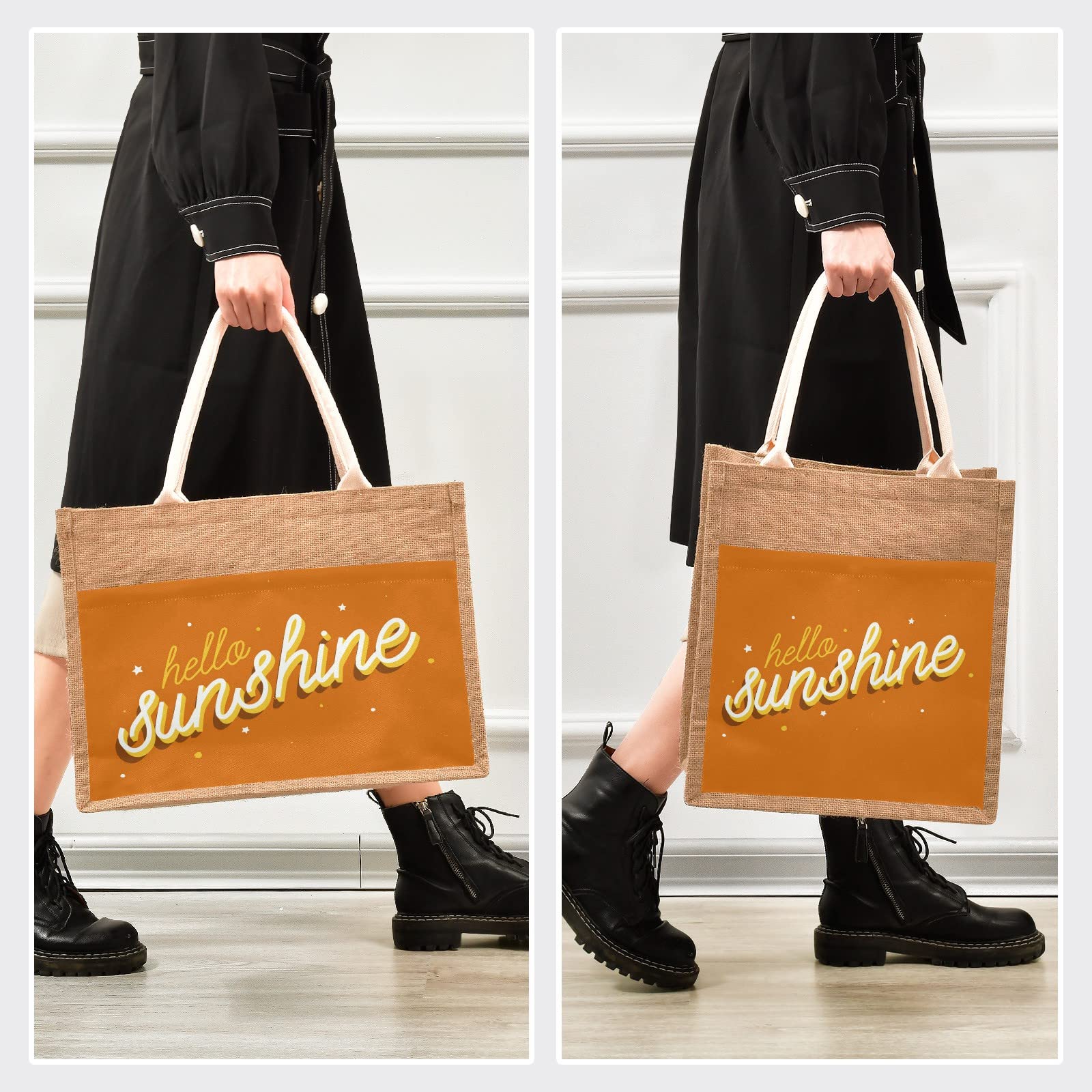 Linqin Hello Sunshine Orange Jute Tote Bag - Waterproof Burlap Straw Grocery Bag with Sturdy Handles for Shopping, Travel & Beach - Perfect for Farmers Market, Picnics and Summer Outings