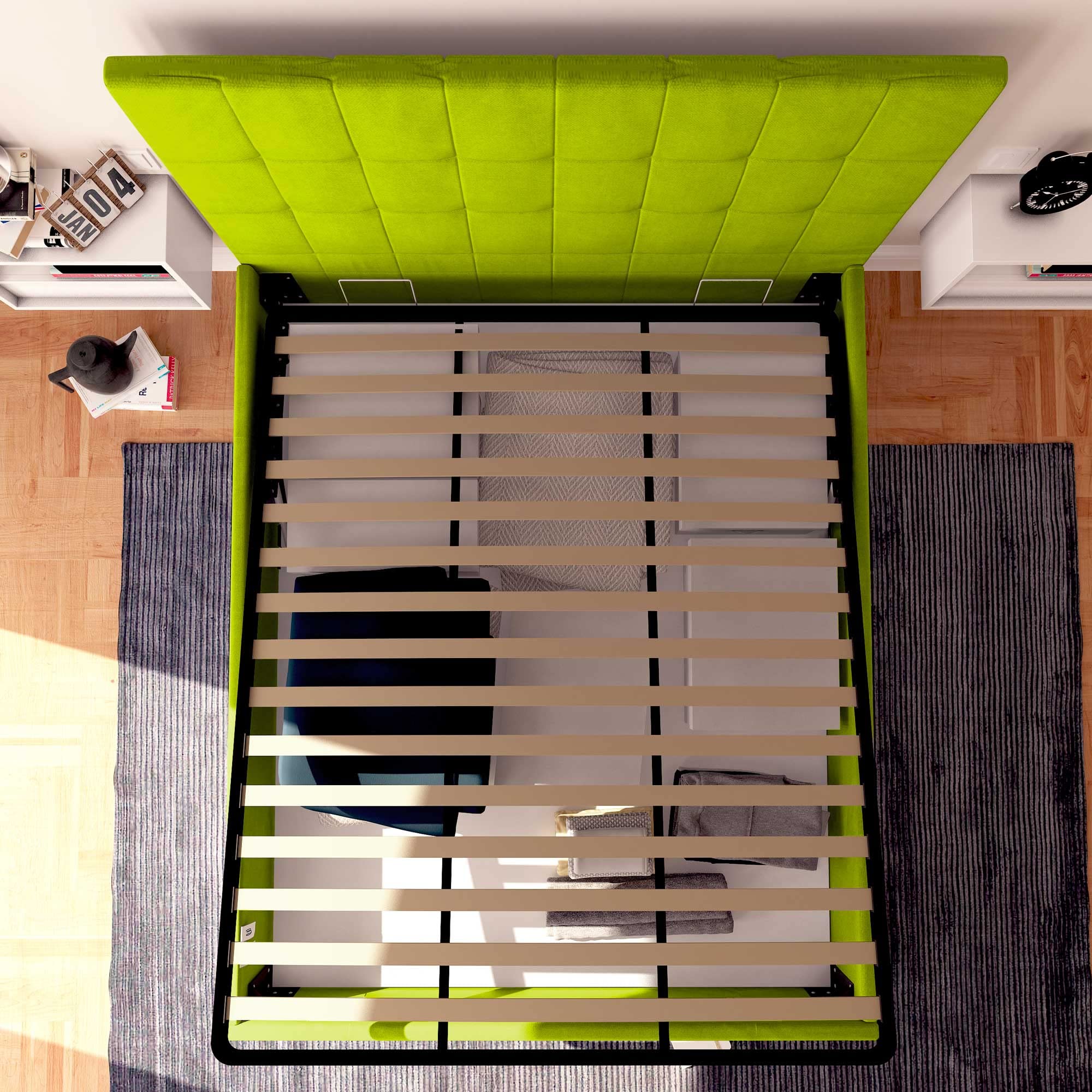 Baldiflex Single Bed with Storage, Dublin Model, Faux Leather Upholstery, Slatted Base - 120 x 200 cm, Elegant Headboard in Apple Green | Perfect for Small Bedrooms, Guest Rooms & Studio Apartments
