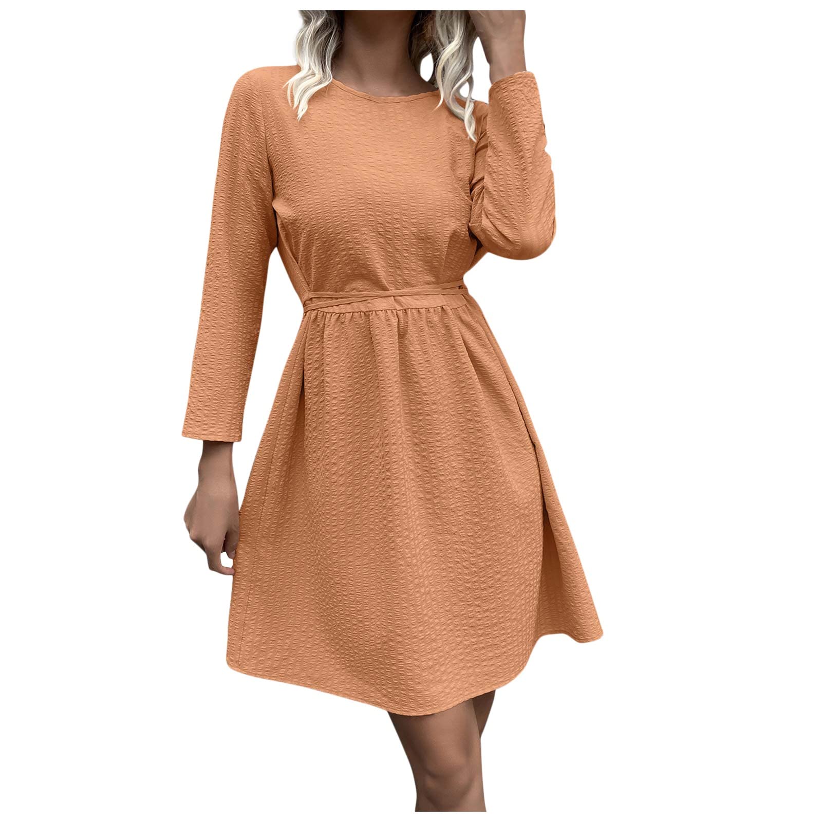 Stylish Mebamook Women's Casual Dress - Solid Color Round Neck Waist Tie Long Sleeve Flowy Dress for Winter & Summer | Perfect for Office, Date Night & Weekend Outings
