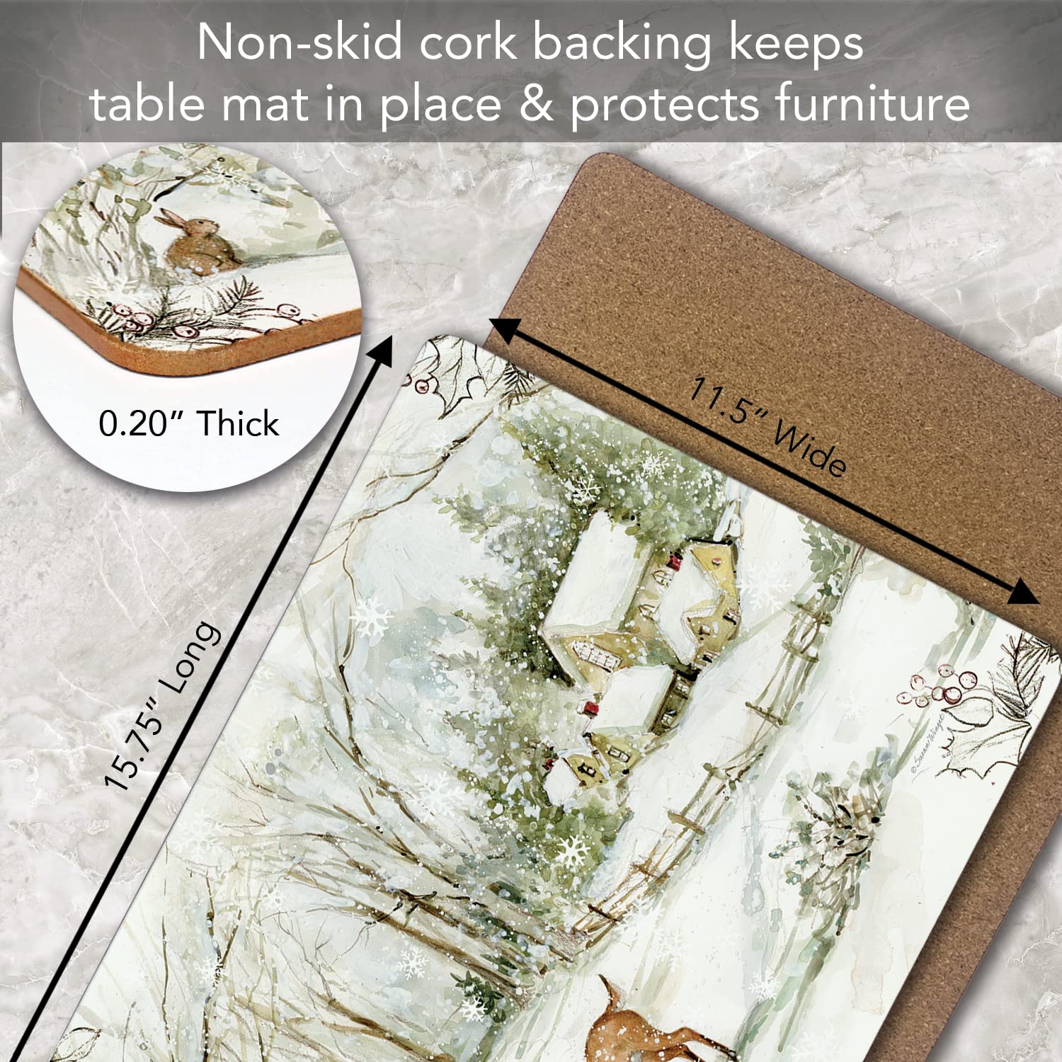 Winter Forest Decorative Hardboard Cork Back Tabletop Placemats 4 Pack - Heat Resistant & Easy Clean - Made in USA - Perfect for Dining Tables, Kitchen Countertops & Holiday Decor