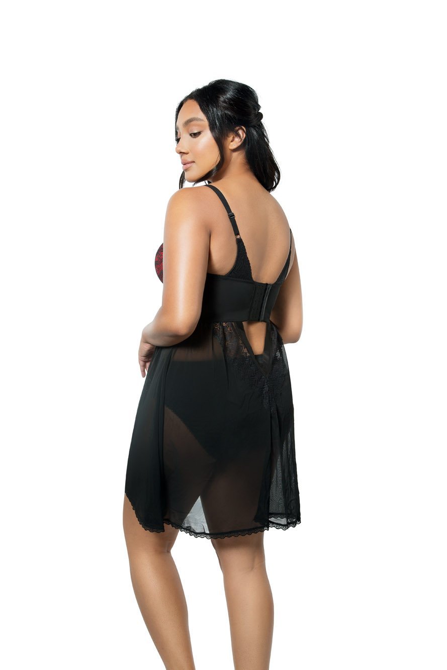 Parfait Mia Lace Chemise Nightgown - Black Satin Sleepwear for Women, Elegant Lace Trim Slip Dress for Bridal, Honeymoon & Romantic Nights