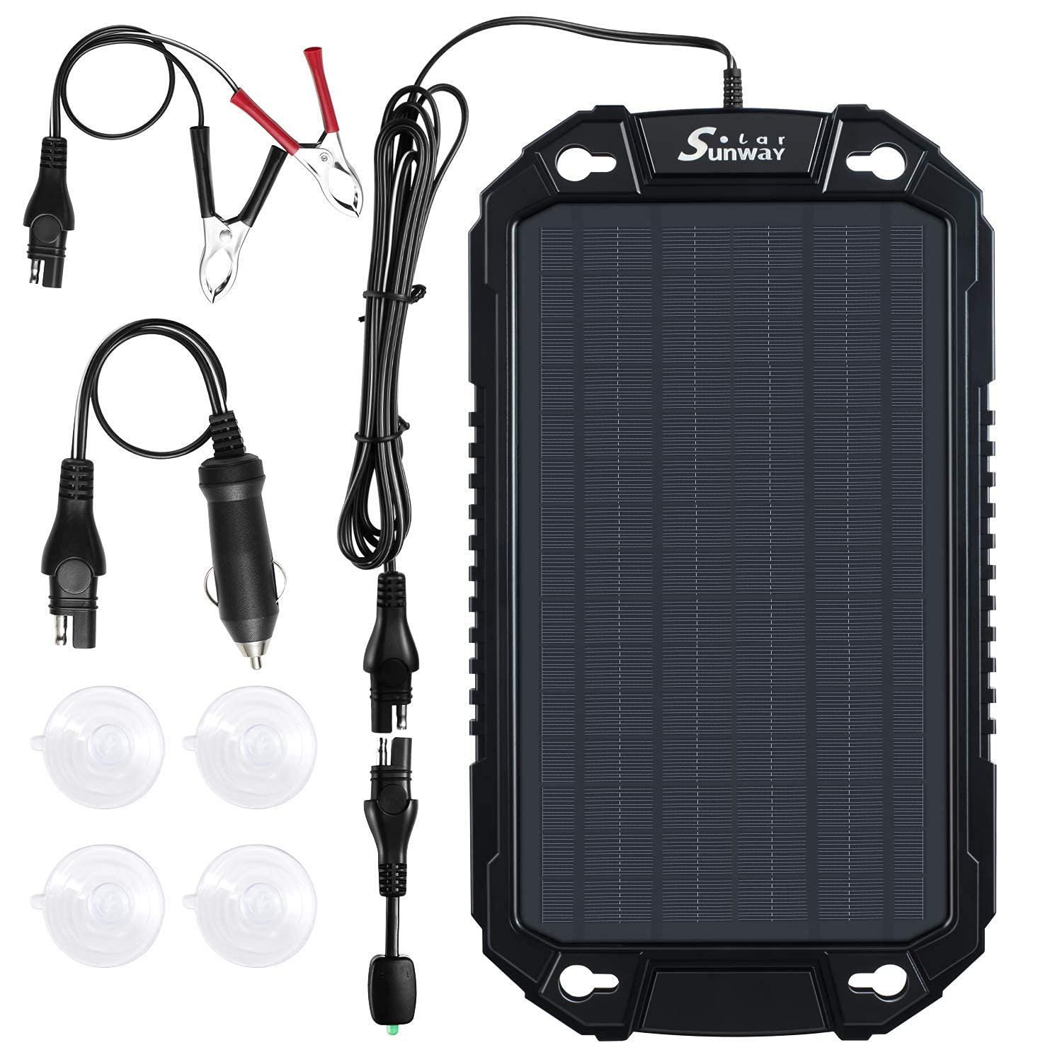 Sunway 12V 8W Solar Car Battery Trickle Charger & Maintainer - Waterproof Portable Solar Panel Power Kit for Automotive, RV, Boat, Motorcycle, Trailer, Tractor - Ideal for Outdoor, Camping & Emergency Power Backup