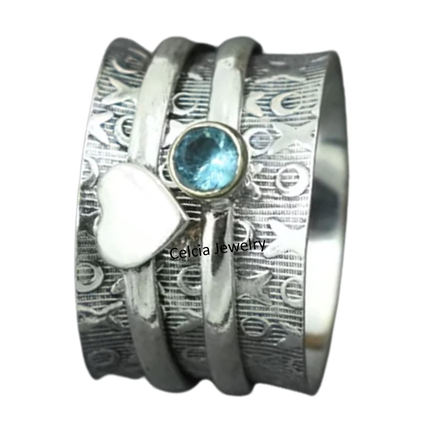 Blue Topaz Gemstone Heart Spinner Ring - Love, Meditation & Fidget Ring for Women & Men | Unique November Birthstone Gift | US Size 7 | Perfect for Stress Relief, Wedding Gifts & Birthday Presents
