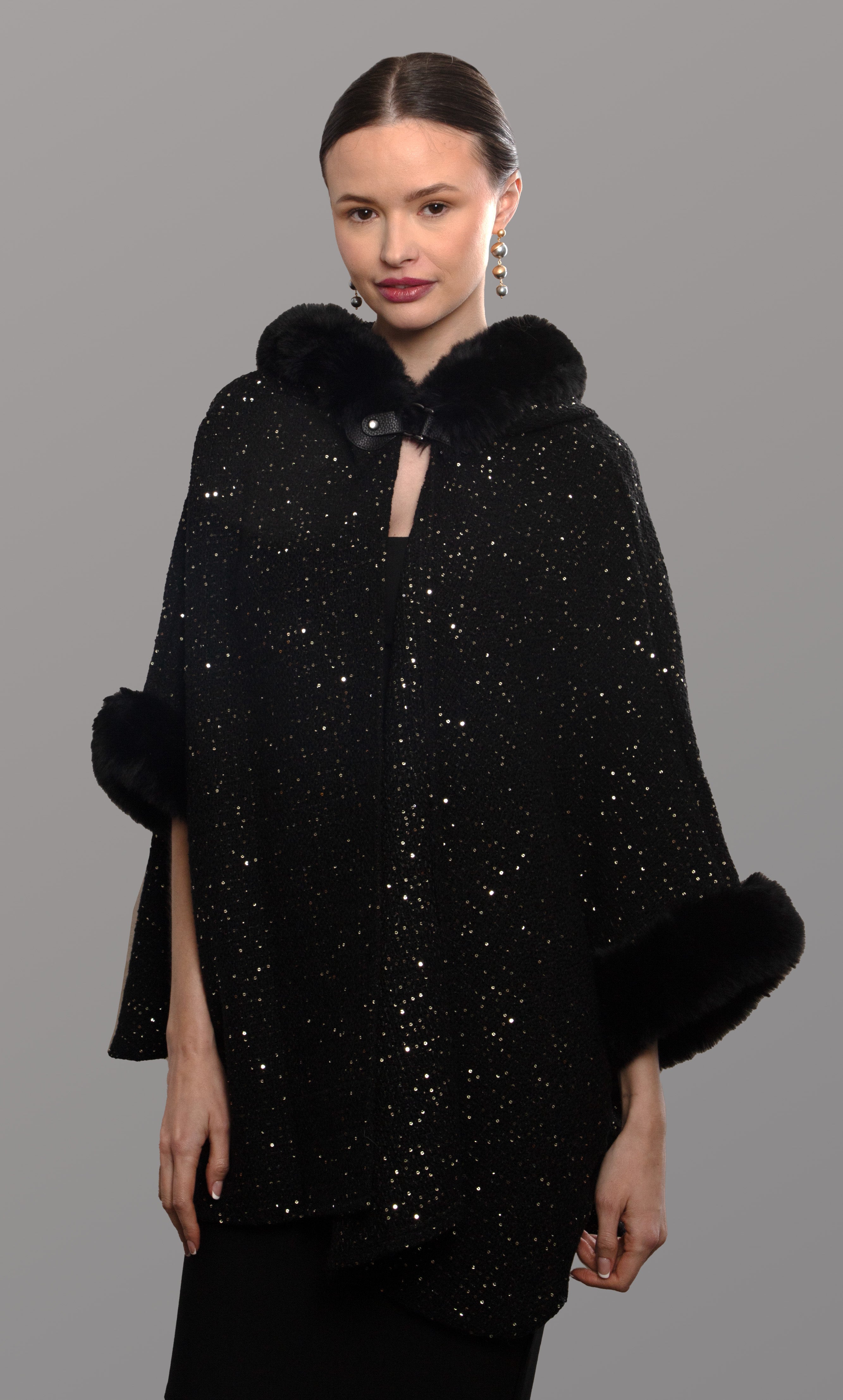 Sparkly Sequin Kimono with Faux Fur Hood - Elegant Women's Loungewear for Parties, Weddings & Special Occasions