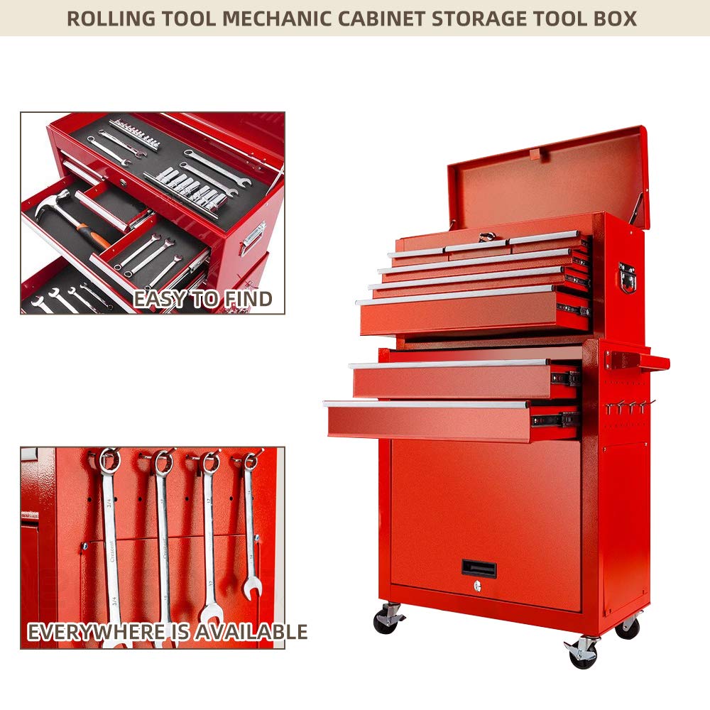 Heavy Duty Large Capacity Rolling Tool Chest with 8 Sliding Drawers - Removable & Lockable Tool Storage Cabinet Organizer for Garage, Workshop & DIY Projects - Red Toolbox for Professional Mechanics & Home Improvement