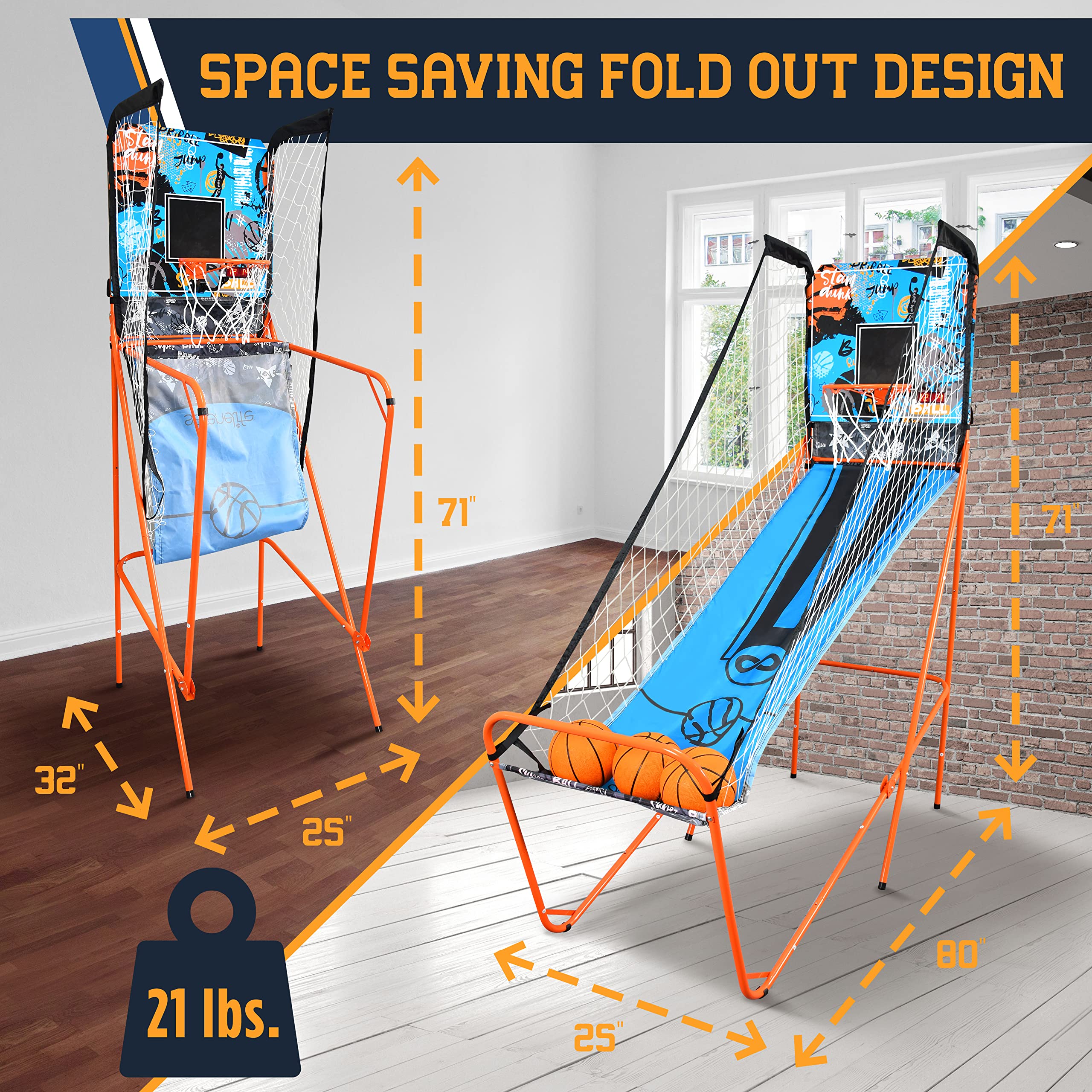 SereneLife Single Shot Basketball Arcade Game with LED Digital Scoreboard & Timer - Includes 3 Basketballs & Air Pump - Foldable Compact Design for Kids & Adults - Perfect for Indoor Playrooms, Game Rooms, and Family Fun Nights