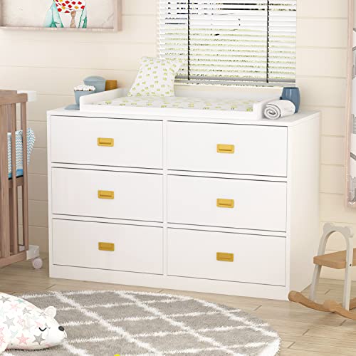 Modern White Nursery Dresser with 6 Drawers & Changing Table Top - 45.1