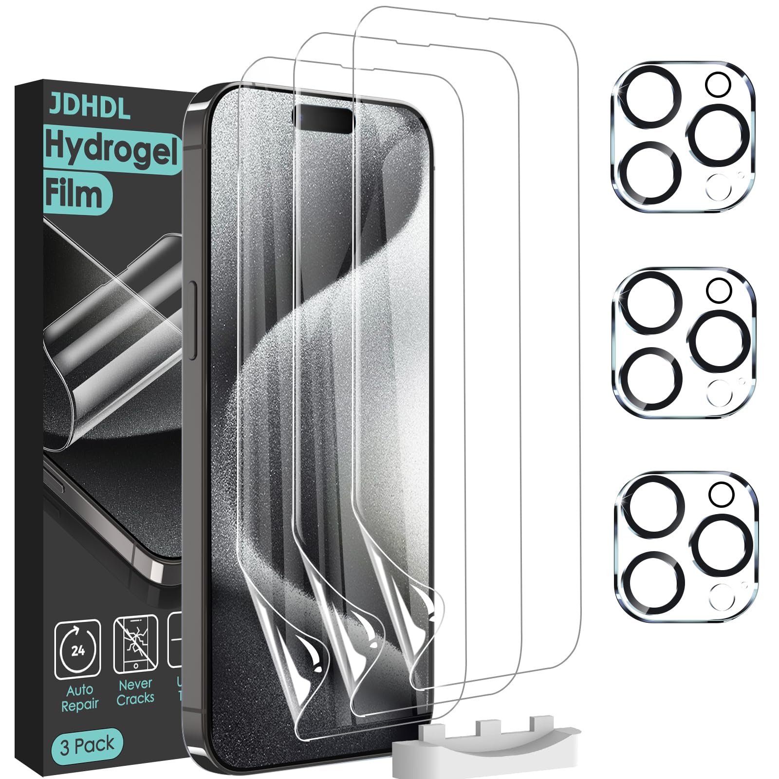 3+3 Pack Hydrogel Film Screen Protector for iPhone 15 Pro Max (Not Glass) + Tempered Glass Camera Lens Protector | Soft TPU Transparent Protective Film | Anti-Scratch, Bubble-Free, HD Clarity for Daily Use, Work & Outdoor Activities