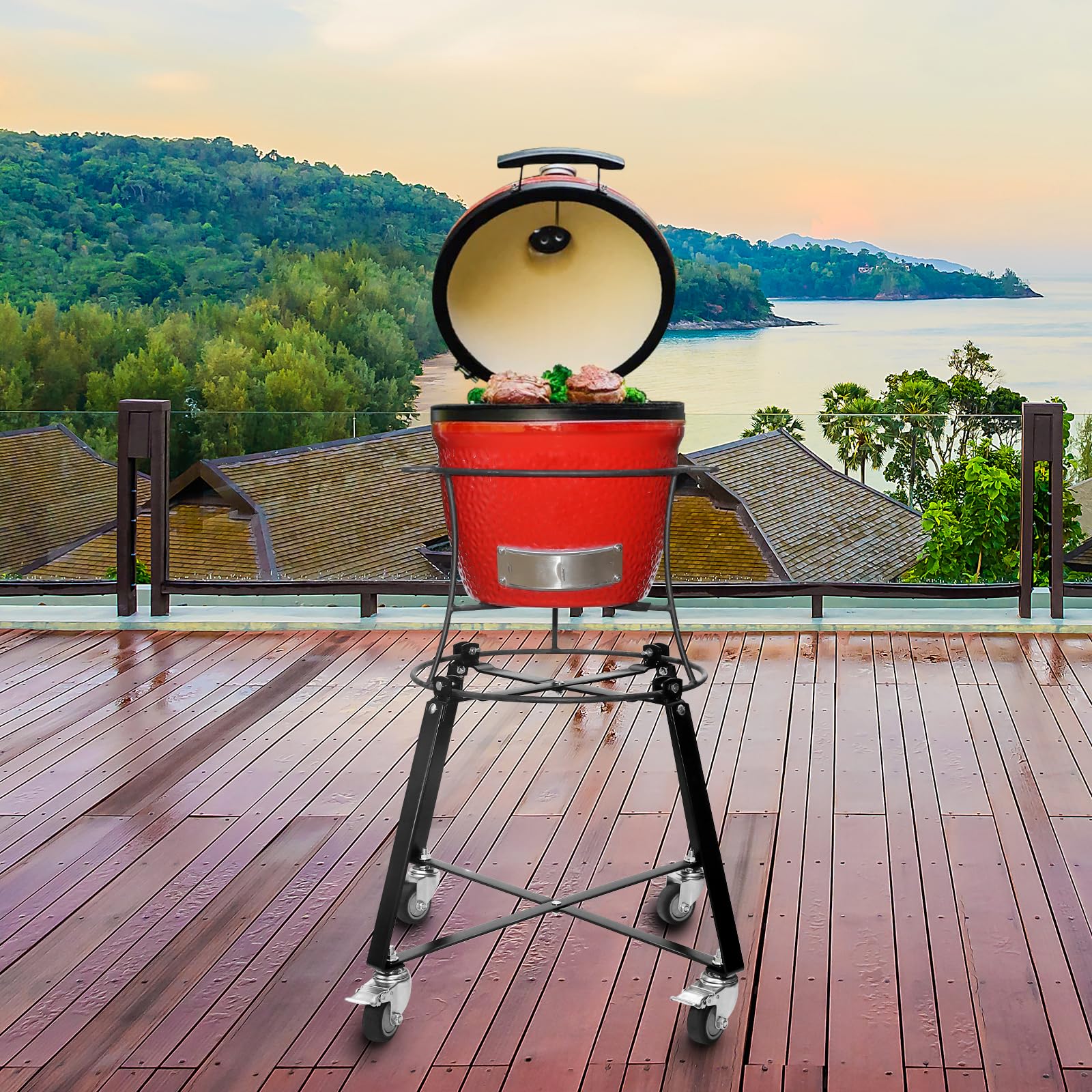 Kamado Joe Jr Rolling Cart with Wheels - Heavy Duty Cast Iron Grill Stand for Kamado Joe Junior Accessories | Portable Outdoor BBQ Cart for Patio, Backyard, and Camping