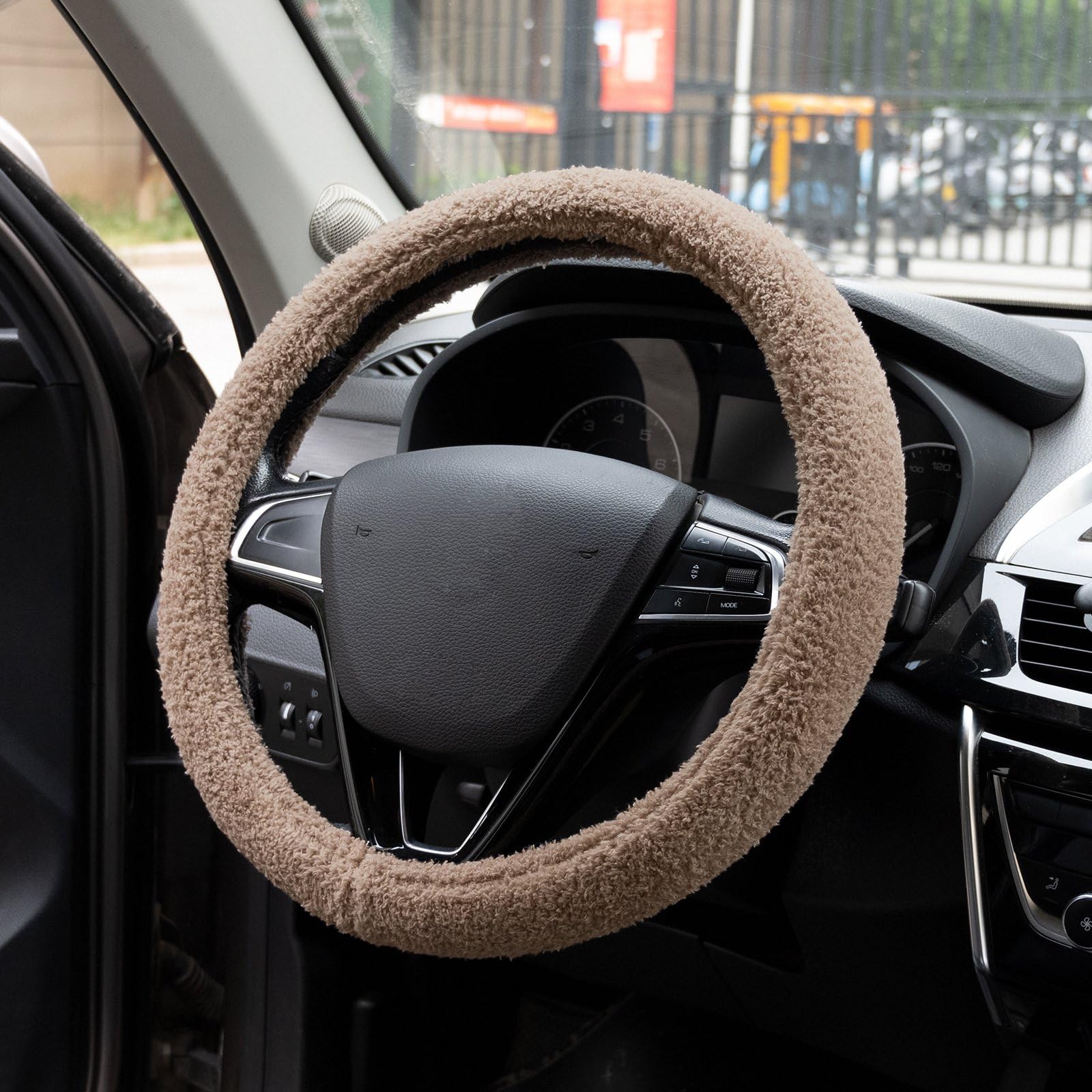 Fluffy Brown 15 Inch Universal Steering Wheel Cover - Soft & Cute Car Accessories for Women, Girls | Perfect for Winter Warmth & Stylish Car Decor