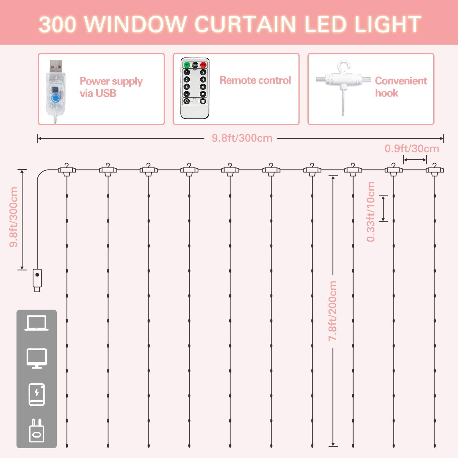 SUNNEST 300 LED Christmas Curtain Lights - 9.8FT x 9.8FT USB String Lights with Remote Control, 8 Lighting Modes for Wall & Bedroom Decoration - Waterproof Twinkle Fairy Lights (Red) | Perfect for Holiday Parties, Wedding Decor & Outdoor Events