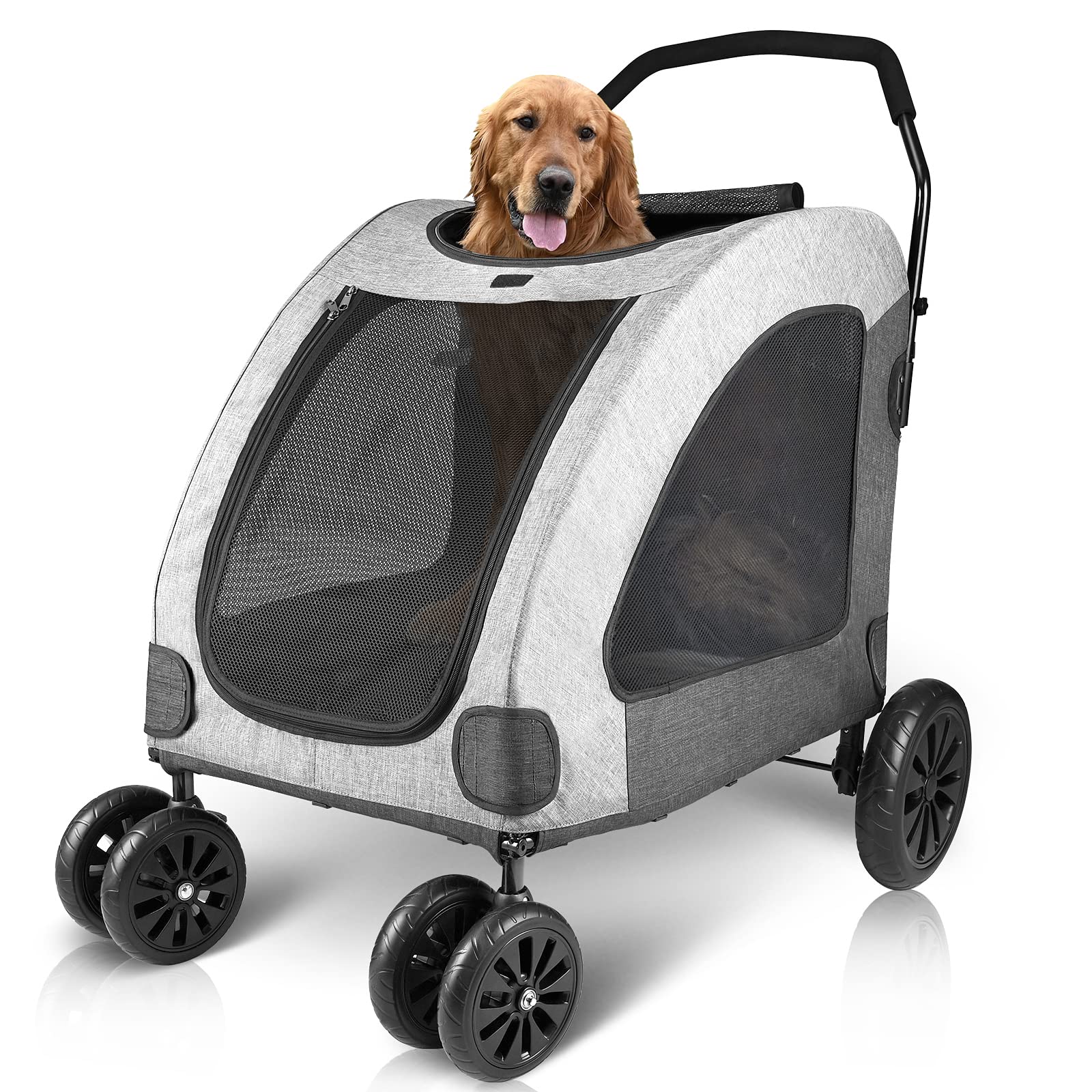 Petbobi Large Dog Stroller - Heavy Duty 120lbs Capacity, Breathable & Waterproof Oxford Fabric, Detachable Storage Bag, Foldable Design with 4 Rubber Wheels - Ideal for Medium to Large Dogs, Perfect for Outdoor Walks, Vet Visits, and Travel (Grey)