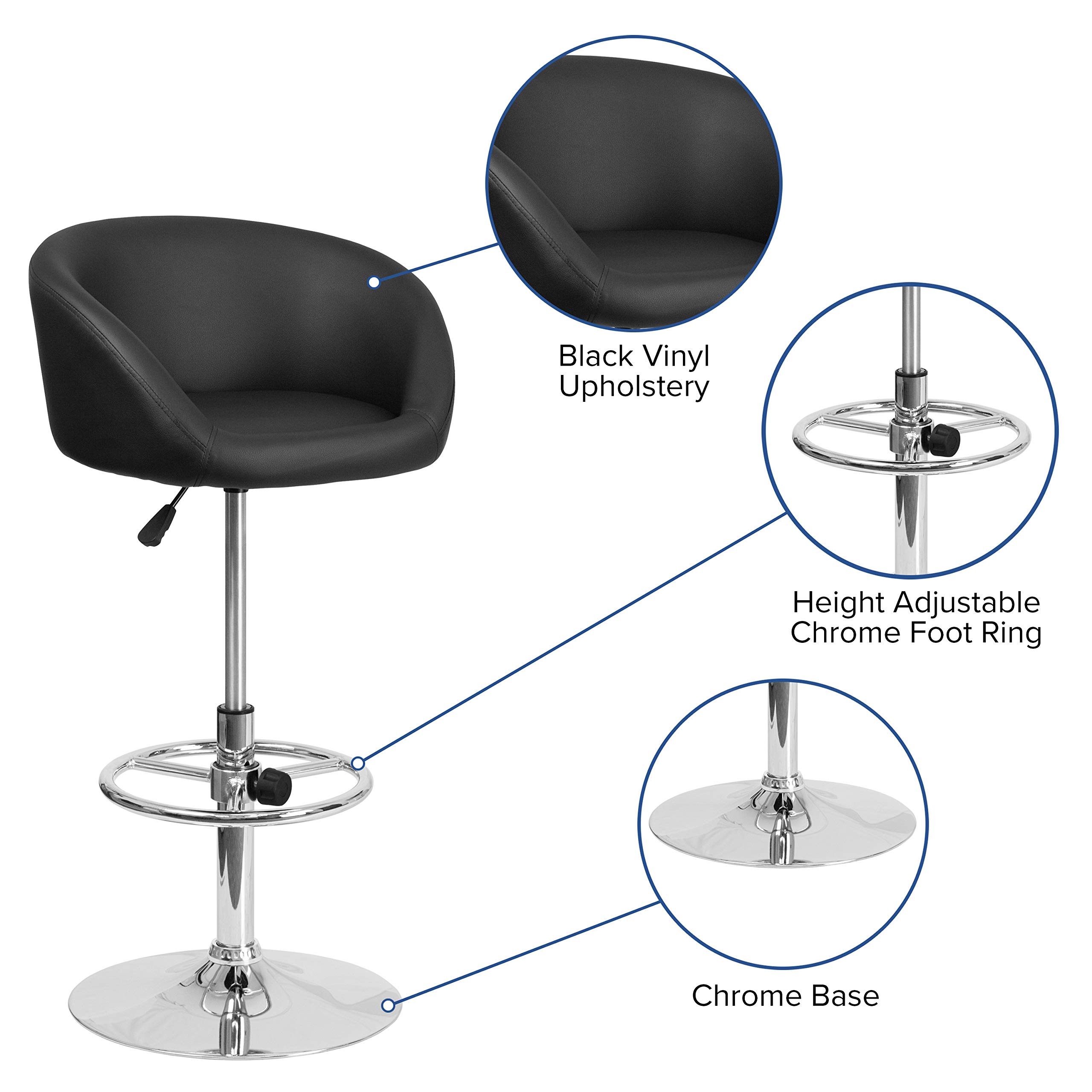 Adjustable Height Black Vinyl Bar Stool with Comfortable Barrel Back - Perfect for Kitchen Islands, Home Bars & Dining Countertops
