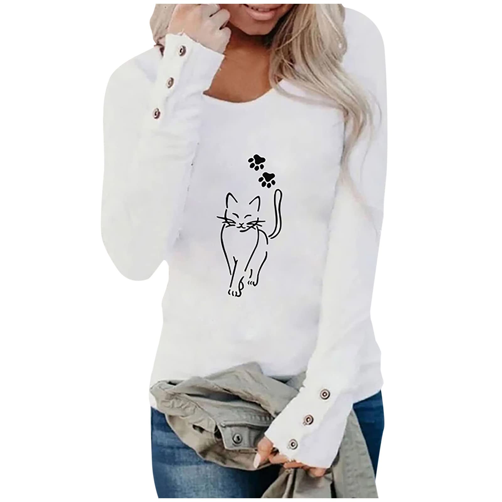Women's Cat Paw Print Pullover Sweater - Cute Animal Design Long Sleeve Crewneck Blouse | Casual Button-Down Tunic Tee for Fall Outfits & Cozy Home Wear