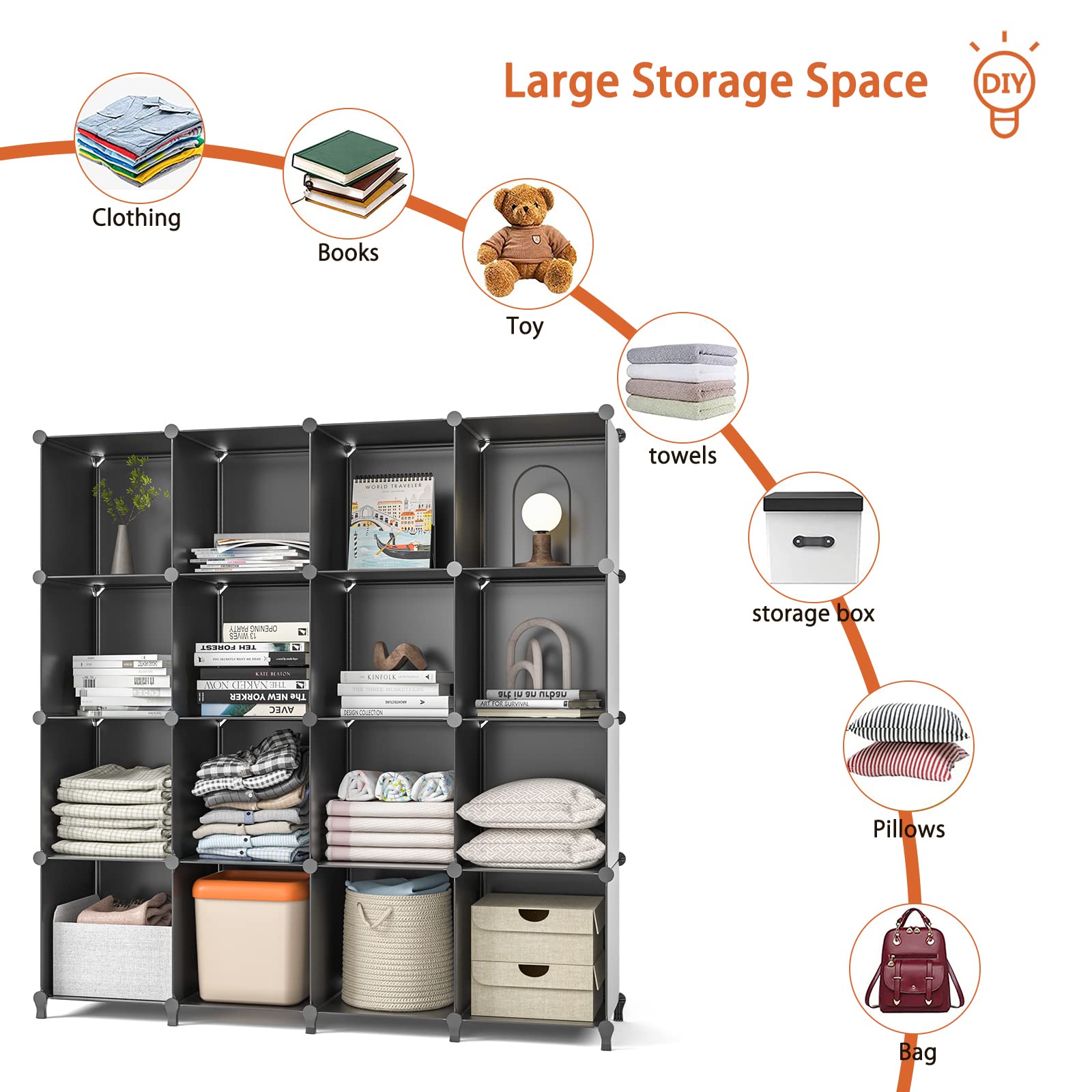 16-Cube Closet Organizer & Storage Shelf - Black Storage Cabinet for Clothes, Shoes, Toys | Perfect for Bedroom, Office, Kids Room & Living Room Organization