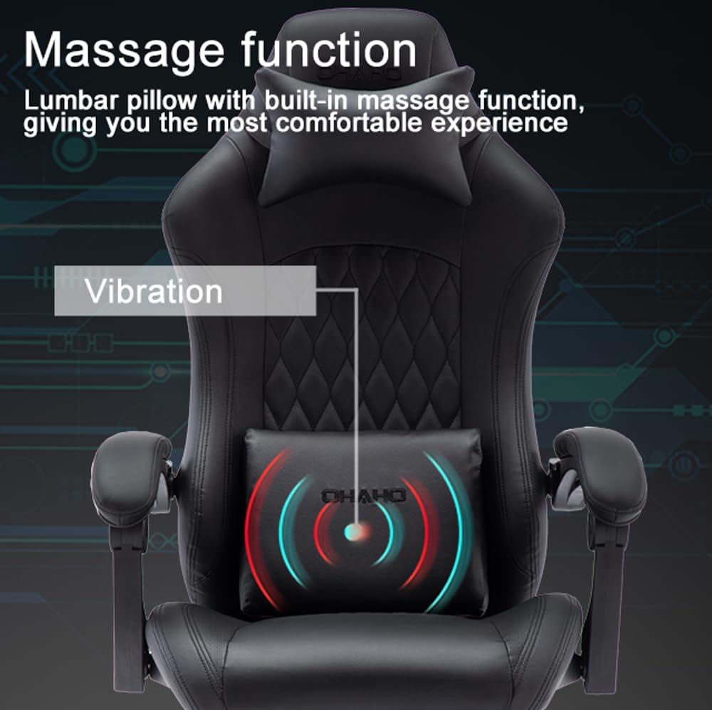 OHAHO Ergonomic Gaming Chair with Adjustable Lumbar Support & Footrest - 360° Swivel Height-Adjustable Office Computer Chair with Headrest for PC Gamers & Home Office (Black) - Perfect for Long Gaming Sessions & Remote Work Comfort