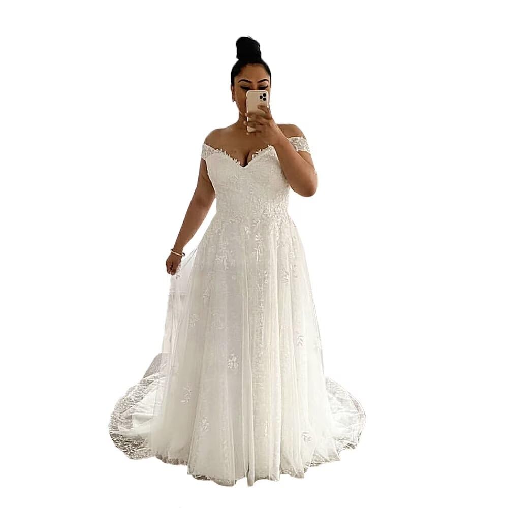 Elegant Off Shoulder Lace Wedding Dress with Train - Princess Tulle Ball Gown for Bride | Perfect for Church Ceremony, Beach Wedding & Romantic Photoshoots