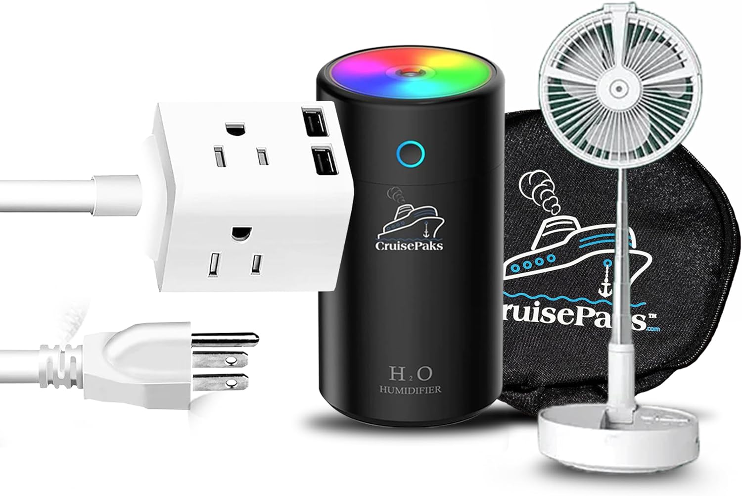 Cruise Essentials Travel Bundle - Mini Humidifier (White/Black), Multi Plug Adapter, Portable Fan with Carrying Case | Perfect for Cruise Vacations, Road Trips & Hotel Stays
