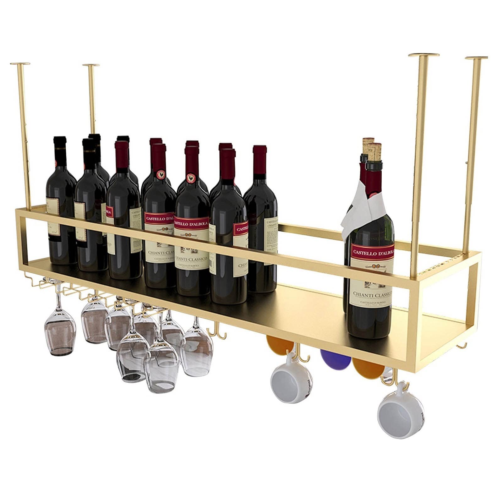 Gold Adjustable Ceiling Hanging Wine Rack - 60x25x21cm Upside Down Glass & Bottle Storage Holder for Stemware, Goblets & Champagne - Perfect for Kitchen, Bar, Restaurant & Wine Cellar Organization