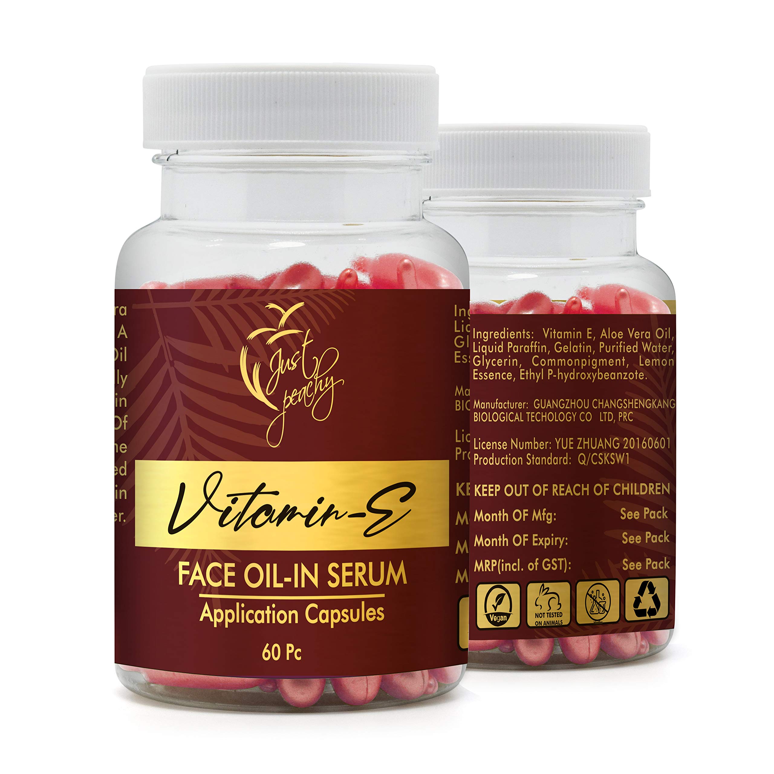 Just Peachy Vitamin E Oil & Aloe Vera Serum for Face - 60 Soft-gel Capsules (Pink) - Hydrating & Nourishing Facial Treatment for Dry Skin, Anti-Aging & Night Care