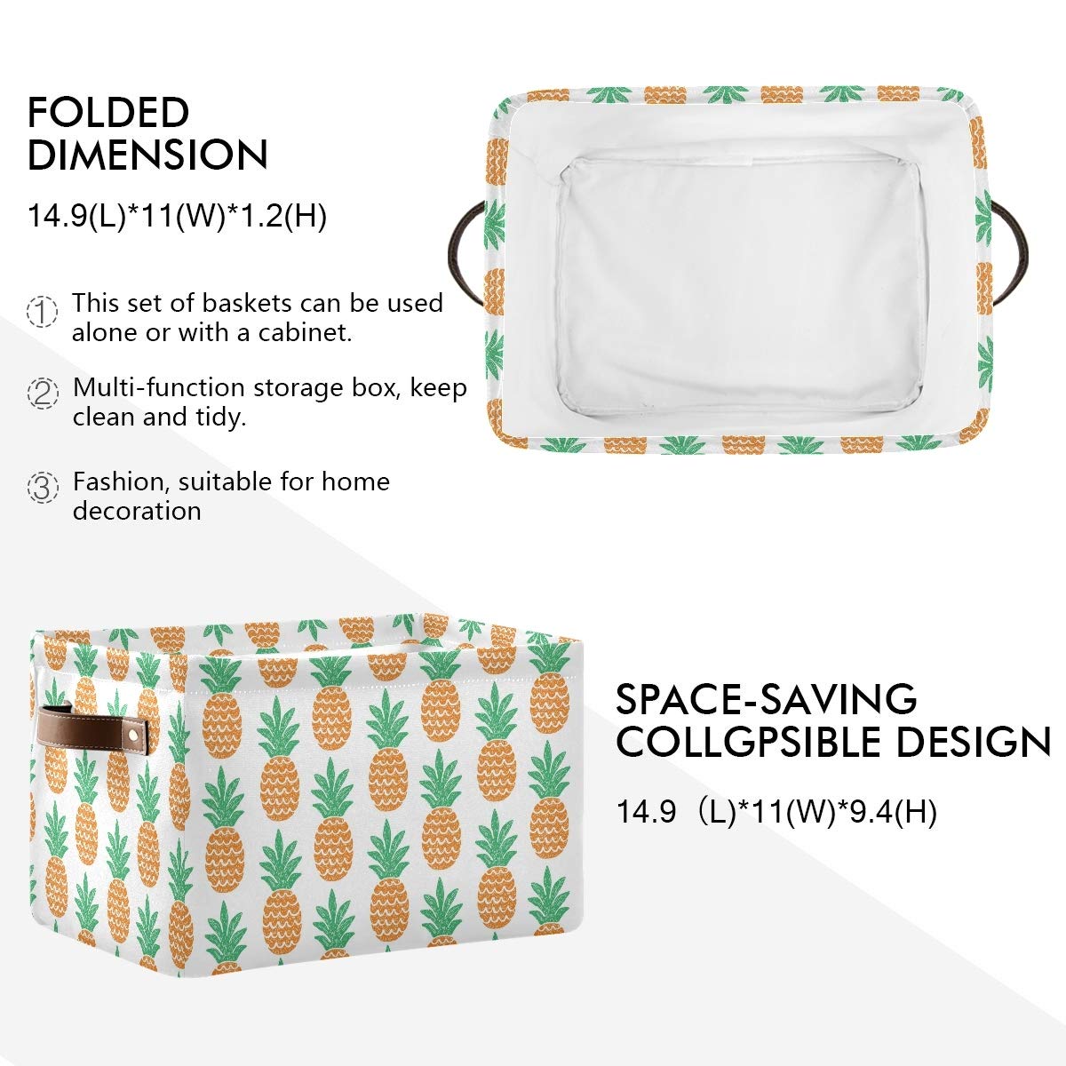 Collapsible Canvas Storage Bins - 2 Pack Large Pineapple Design Cube Organizer (15