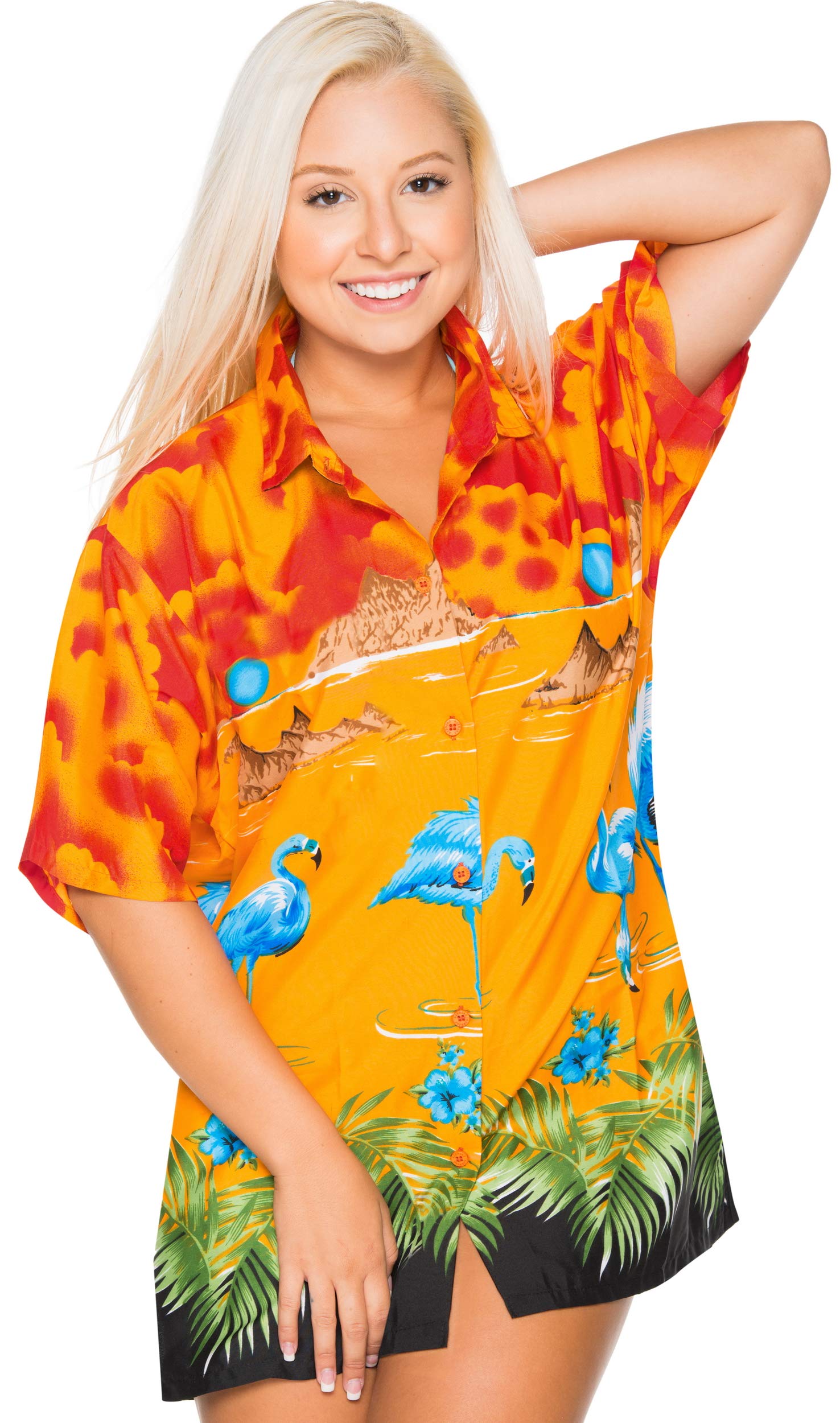 LA LEELA Women's Hawaiian Print Short Sleeve Blouse - Tropical Vacation Shirt, Beach Party Top, Summer Casual Wear for Women