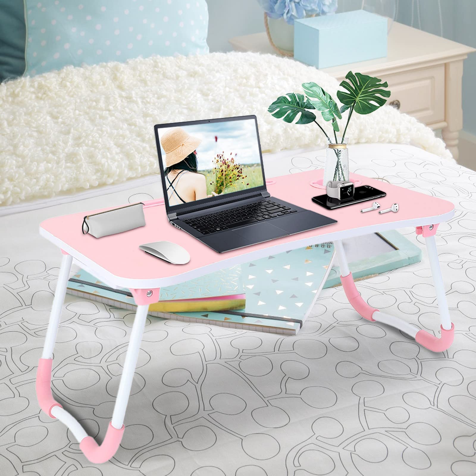 Ergonomic Foldable Laptop Desk - Portable Computer Workstation for Home Office, Gaming & Study - Adjustable Height Multi-Functional Writing Table for Small Spaces (Pink, One Size) - Perfect for Remote Work, Online Classes & Bedside Computing