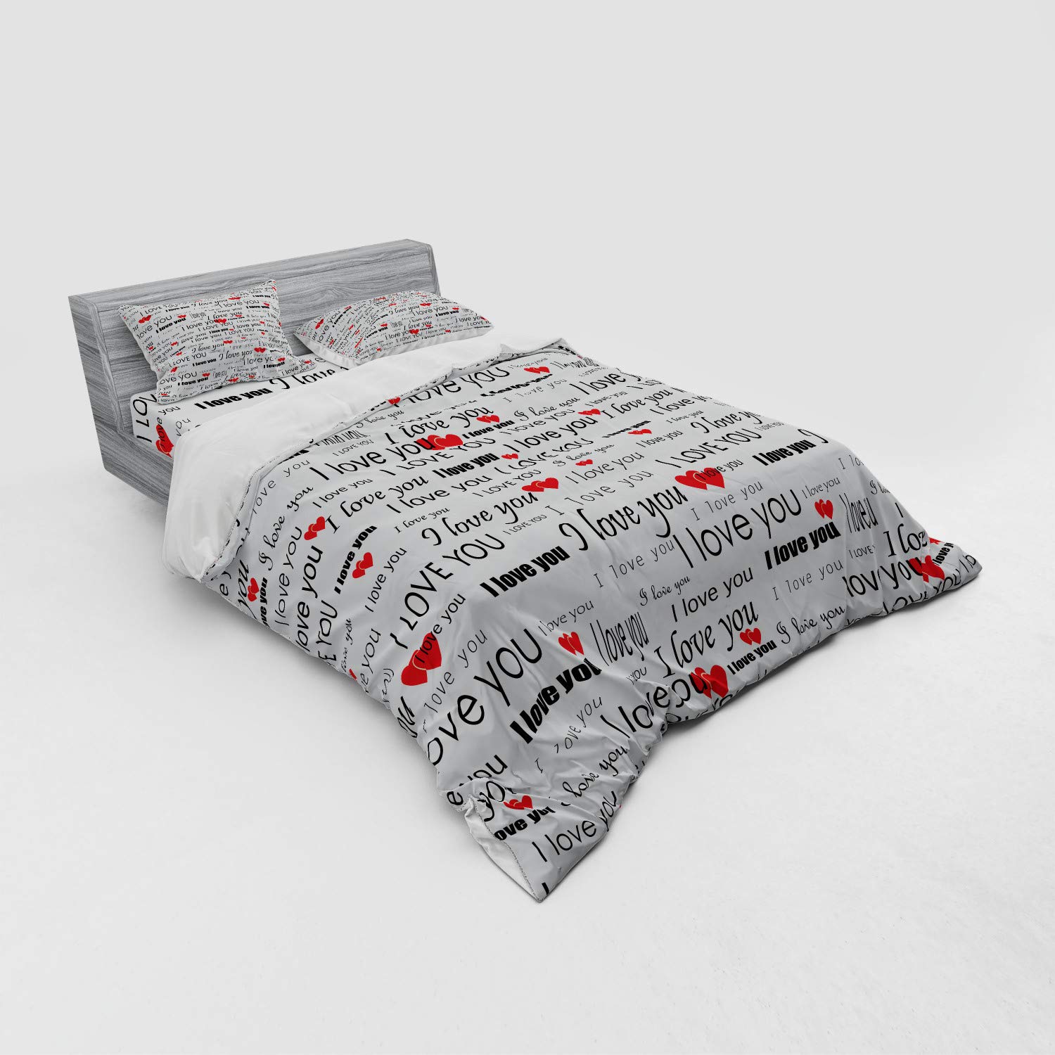 Ambesonne Romantic Bedding Set - Queen Size 4-Piece Duvet Cover Set with Shams & Fitted Sheet | 'I Love You' Heart Pattern in Vermilion, Black & White | Perfect for Valentine's Day, Anniversary Gifts & Couples Bedroom Decor
