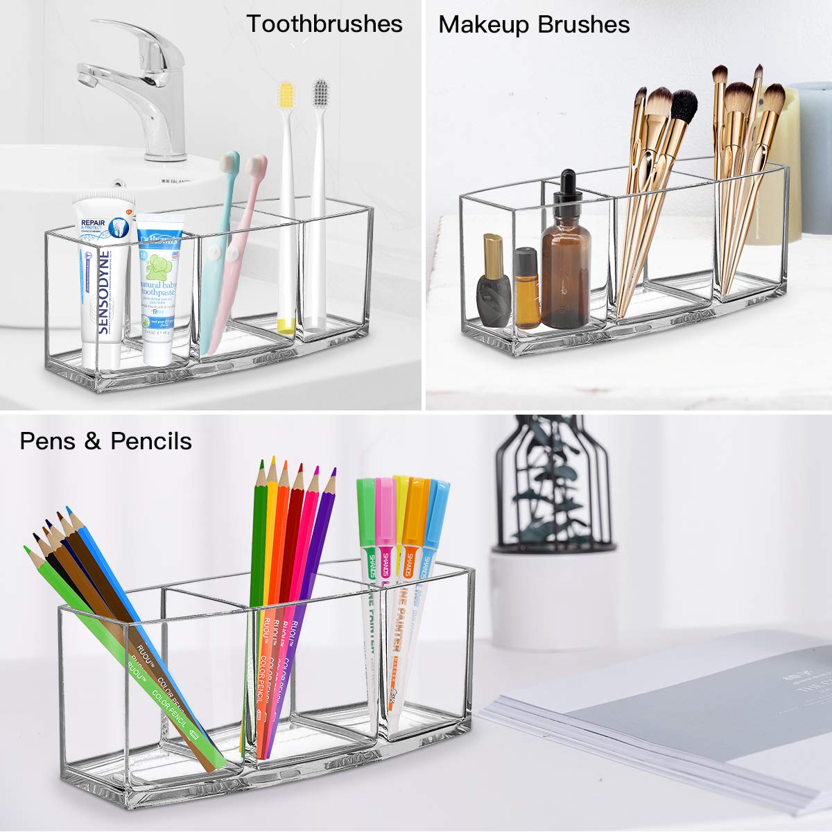 Premium Clear Acrylic Makeup Brush Organizer - 3 Compartment Cosmetic Brush Holder for Display & Storage | Perfect for Vanity, Salon, or Travel Makeup Organization