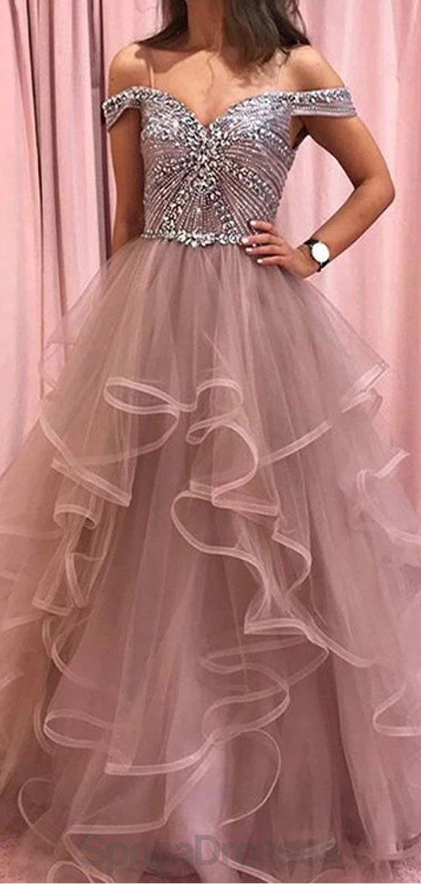 Elegant Off Shoulder Beaded Bodice Ruffle Skirt Long Evening Prom Dress for Women - Perfect for Formal Events, Homecoming, Wedding Guest & Special Occasions