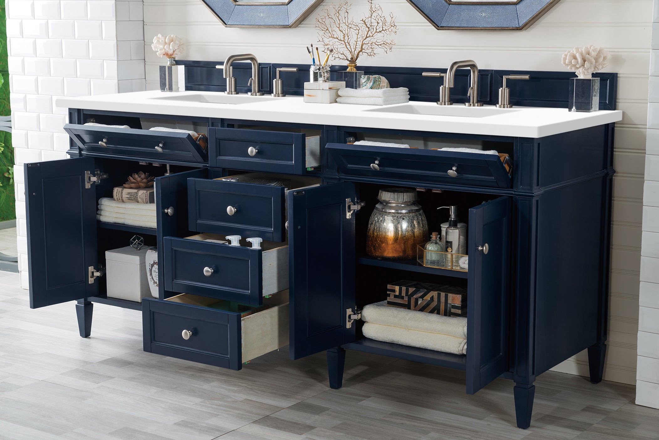 Brittany 72 Inch Victory Blue Double Bathroom Vanity with 3CM Classic White Quartz Countertop - Perfect for Master Bathroom Renovation and Modern Home Decor