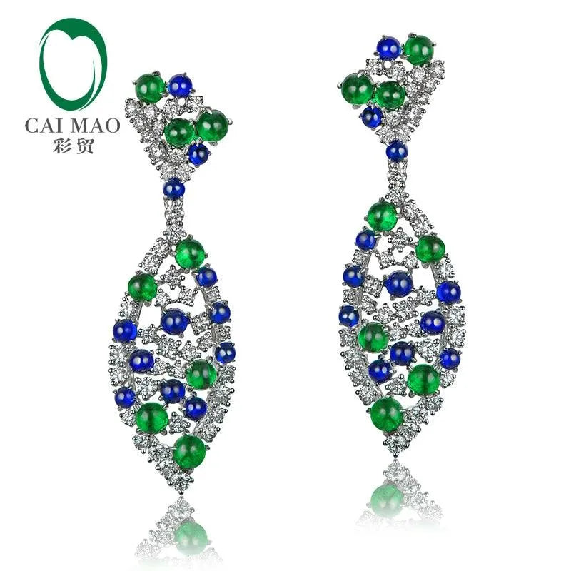 Natural 9.28ctw Cabochon Round Sapphire Emerald Diamond Earrings in 18K Gold - Vintage English Lock Design for Women - Perfect for Weddings, Parties & Special Occasions
